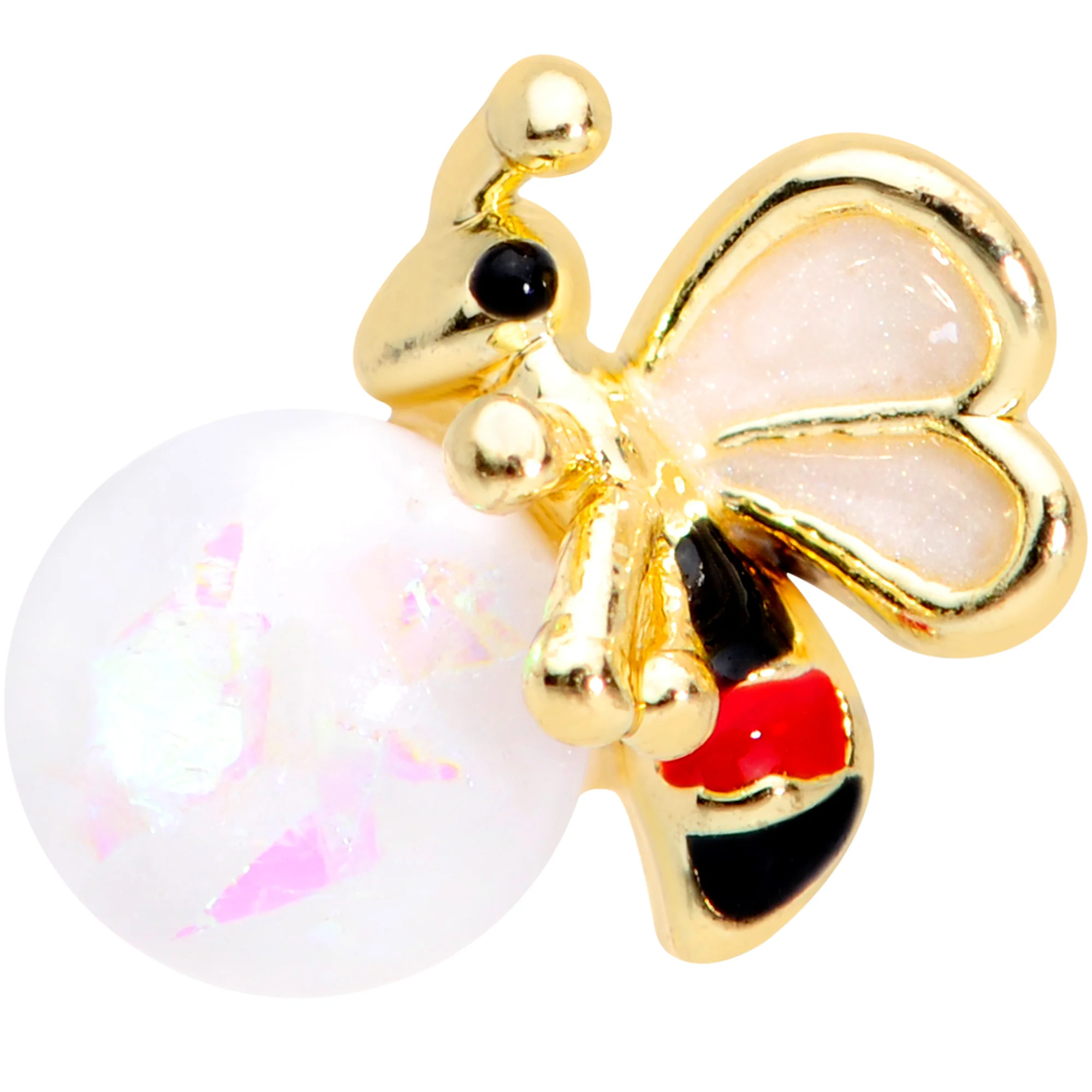 20G 1/4 White Faux Opal Gold Tone Insect Nose Bone - Image 2