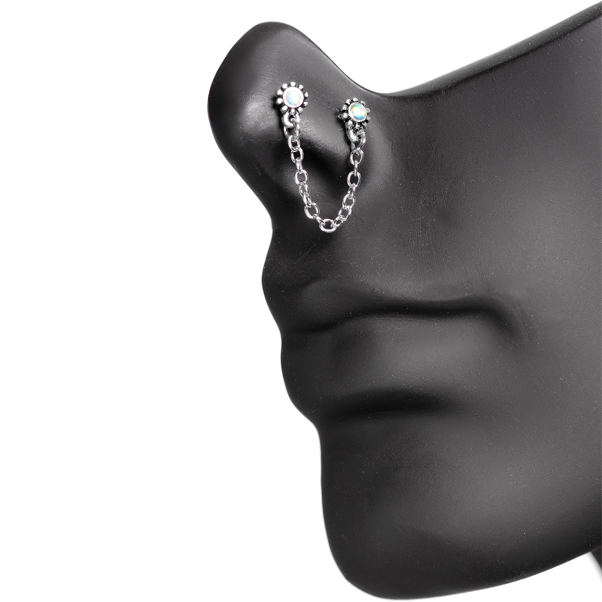 20G 1/4 White Synthetic Opal Chain Dangle Double Nose Bone - Image 2