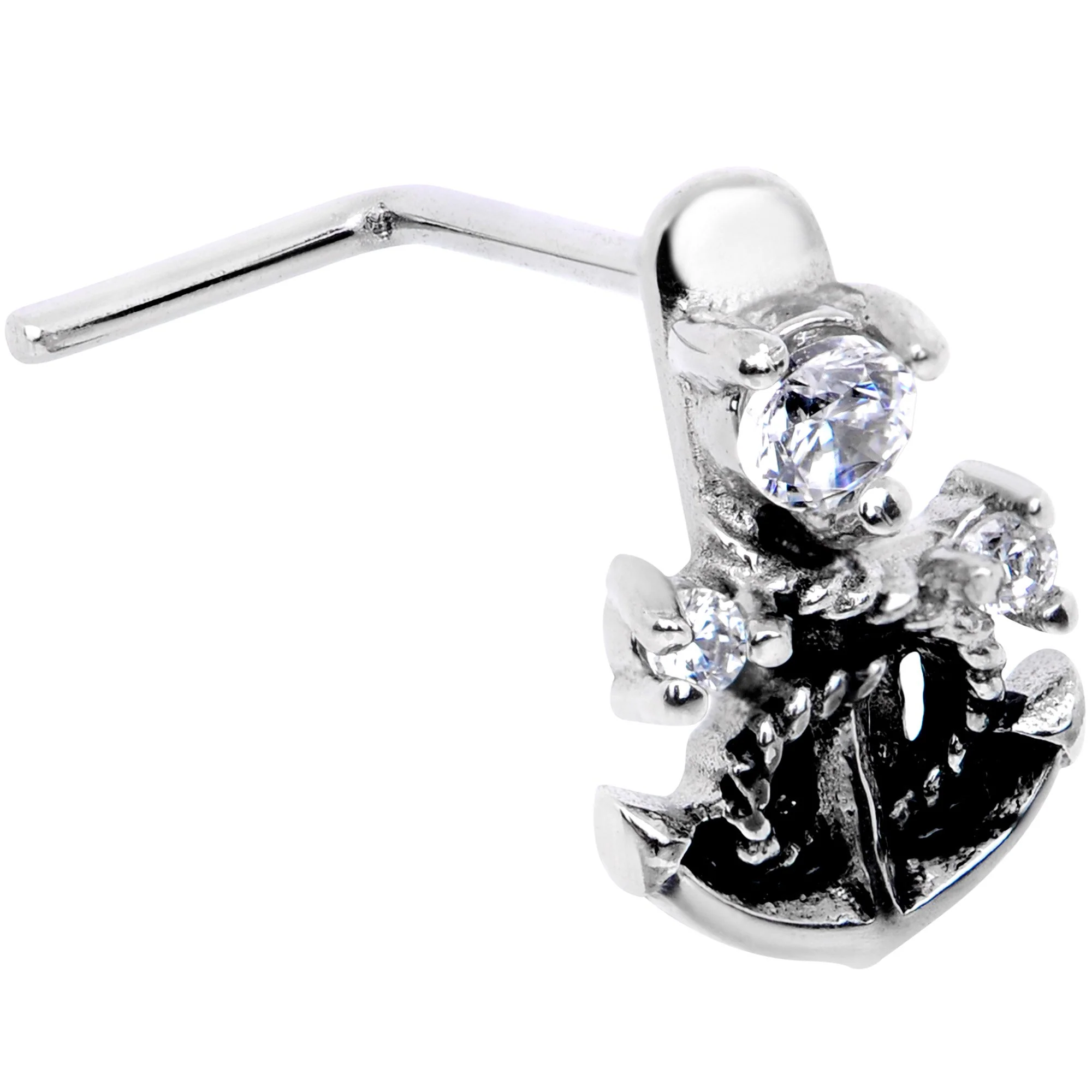 20G 1/4 Clear CZ Gem Nautical Anchor Faux Hoop L Shape Nose Ring
