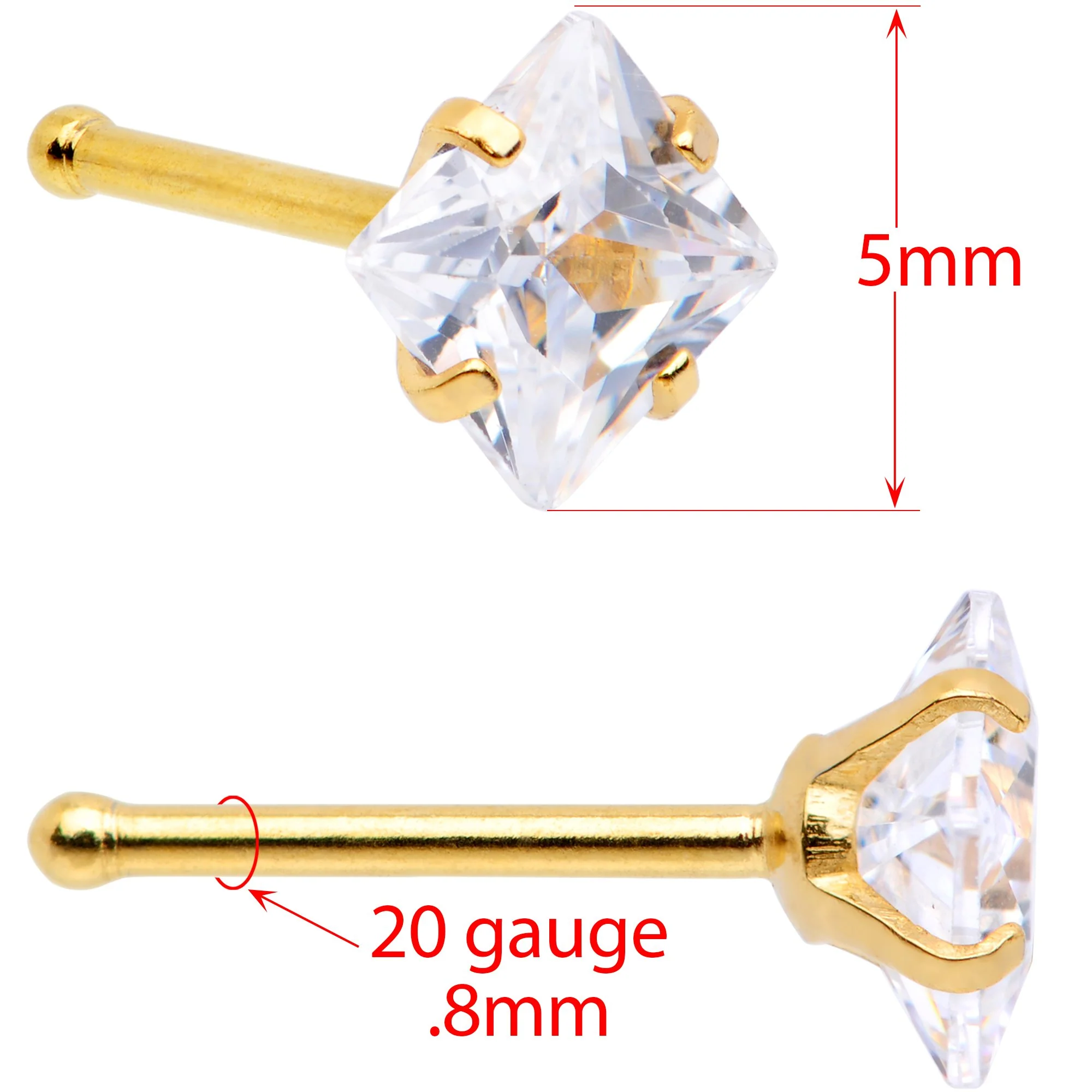 20G 1/4 Clear Square Gem Gold Tone Nose Bone Set of 6 - Image 2