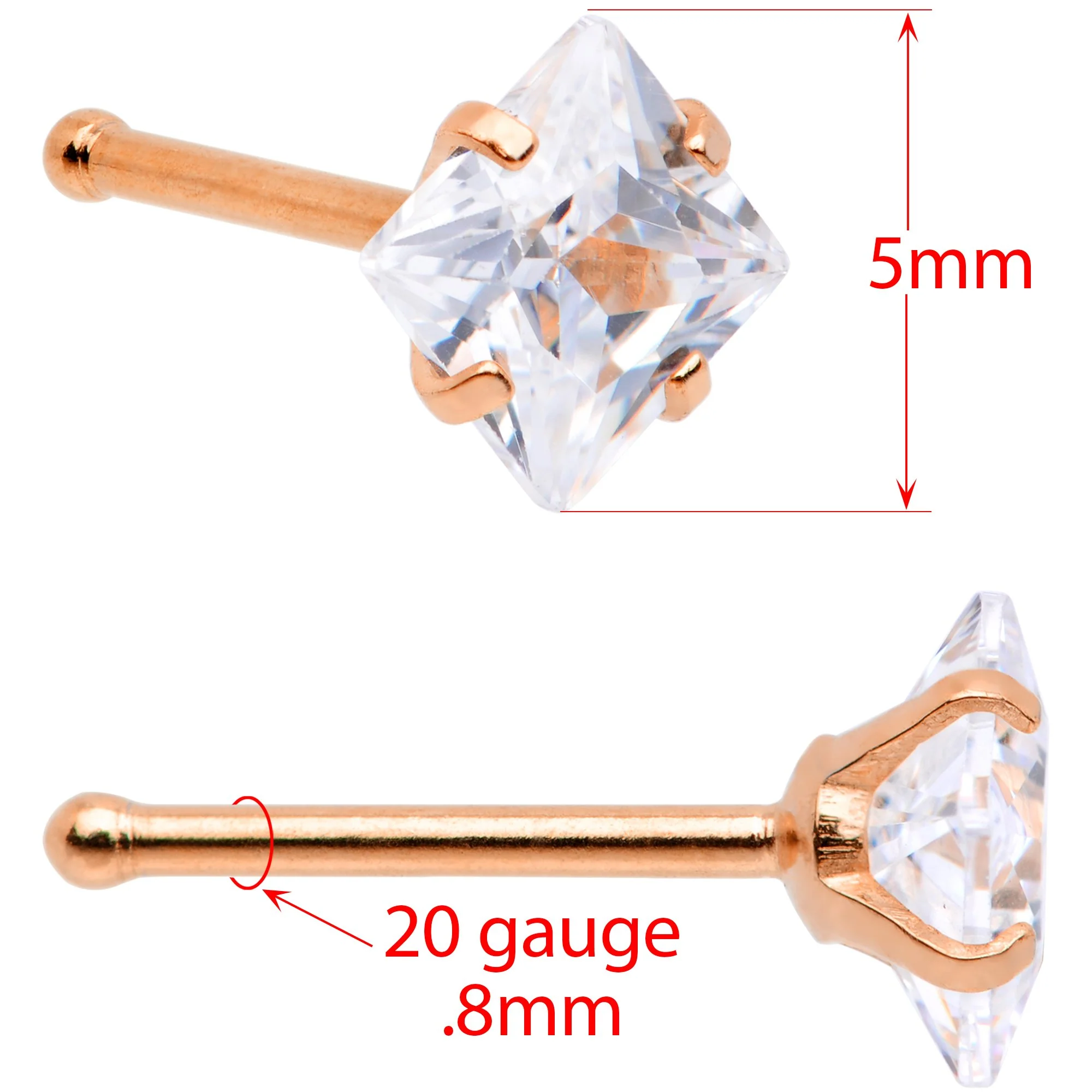 20G 1/4 Clear Square Gem Rose Gold Tone Nose Bone Set of 6 - Image 2