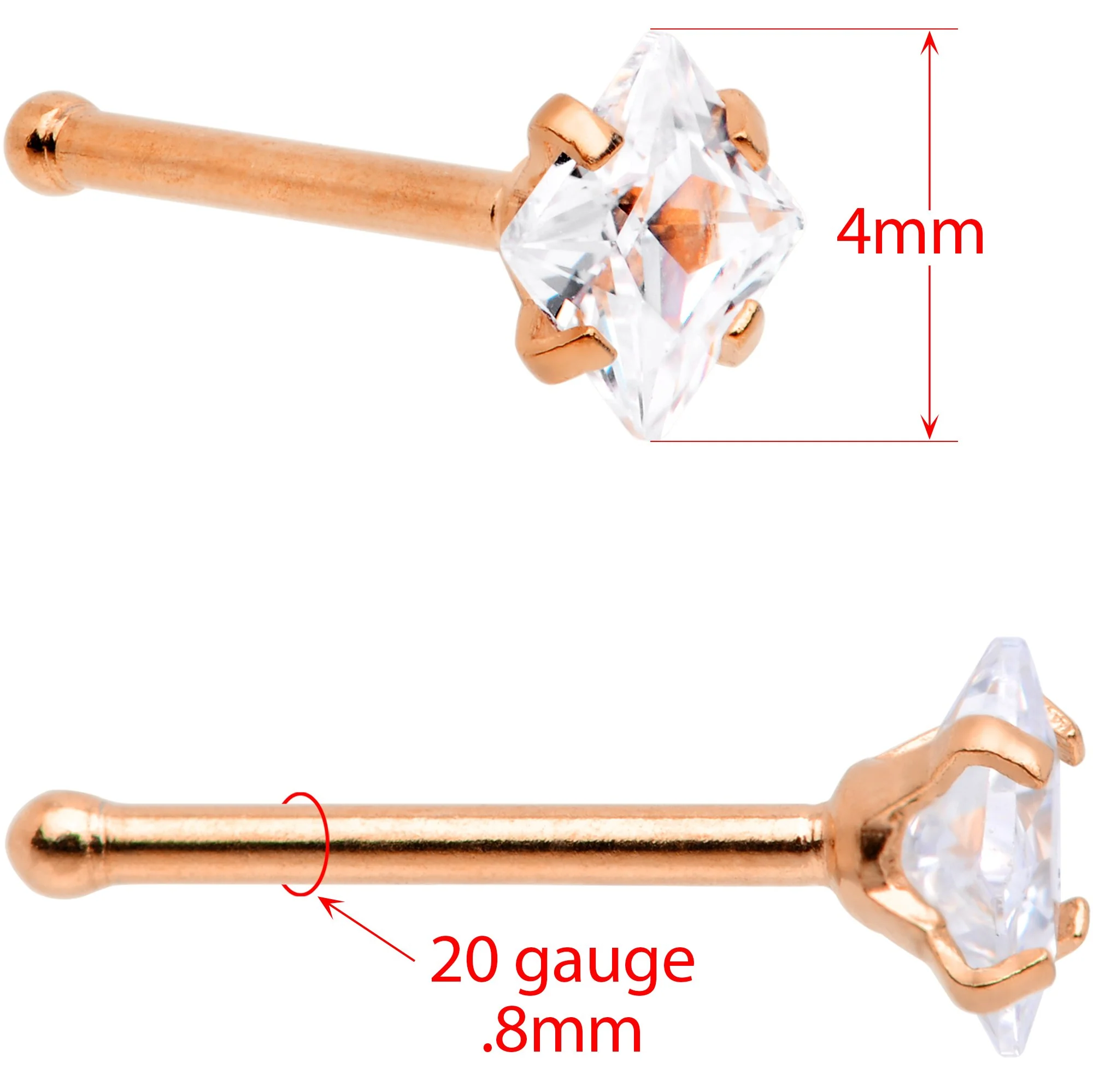 20G 1/4 Clear Square Gem Rose Gold Tone Nose Bone Set of 6 - Image 3