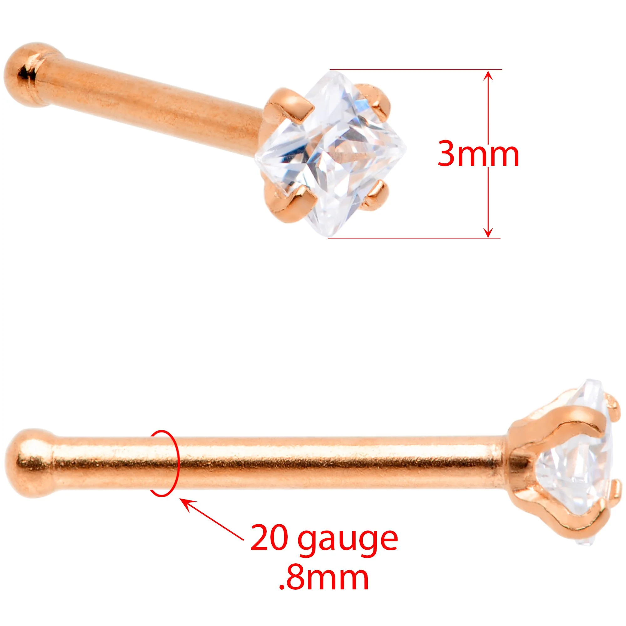 20G 1/4 Clear Square Gem Rose Gold Tone Nose Bone Set of 6 - Image 4