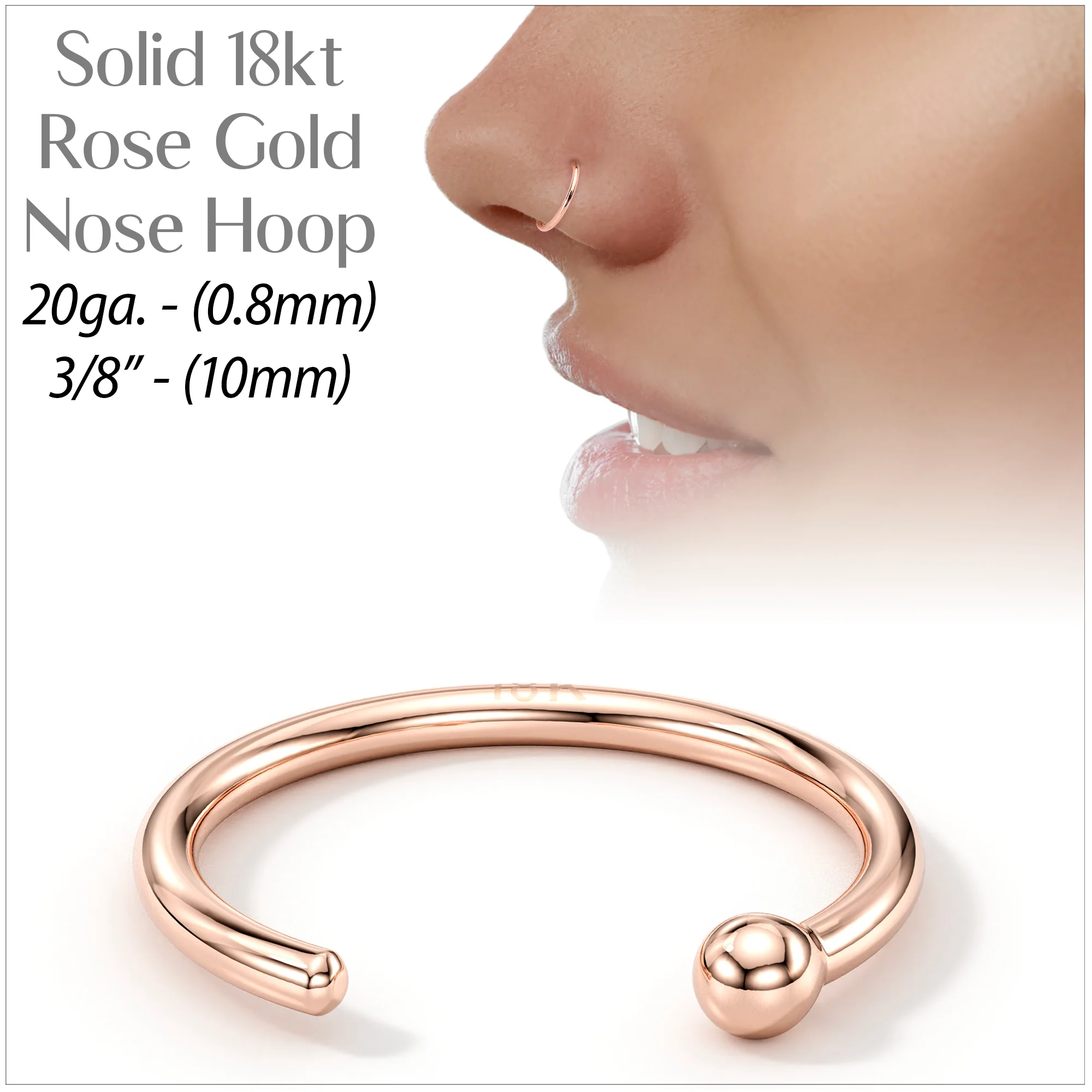 20G 3/8 Solid 18K Rose Gold Nose Hoop - Image 3
