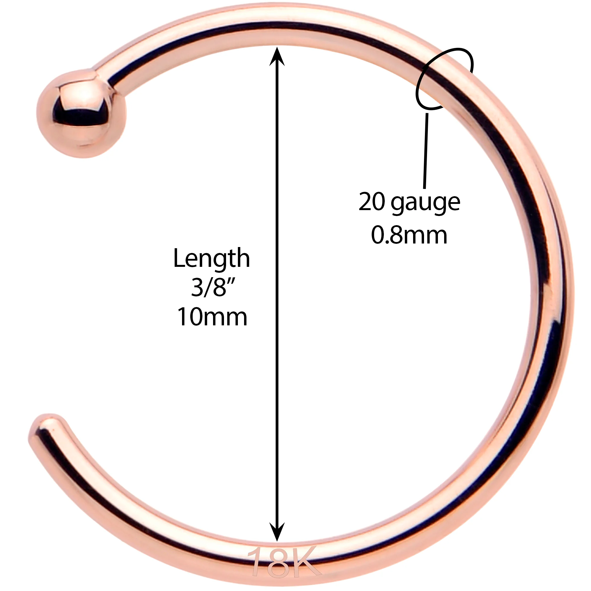 20G 3/8 Solid 18K Rose Gold Nose Hoop - Image 5
