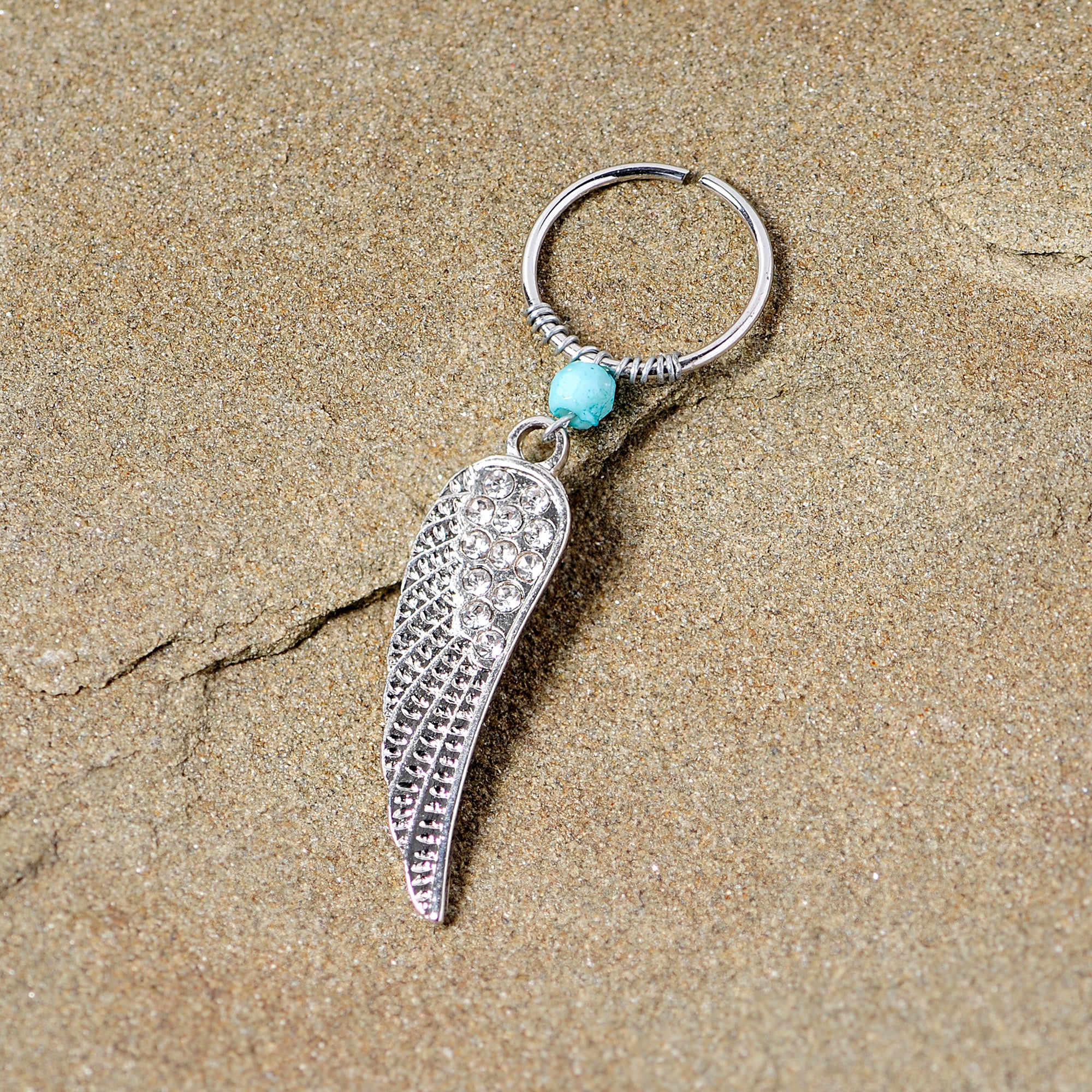 20G 3/8 Clear Gem Feather Feathered Wing Dangle Closure Ring - Image 3