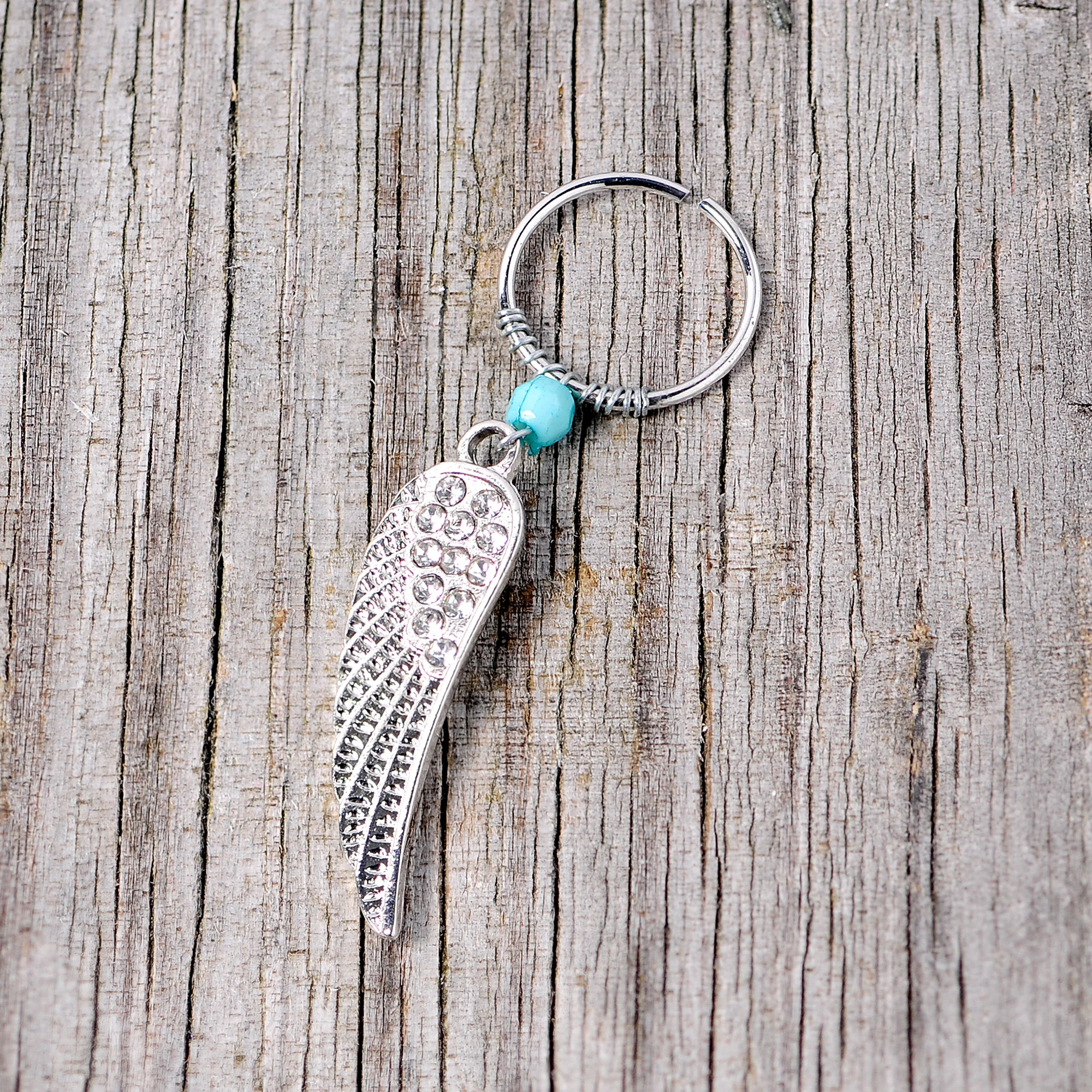 20G 3/8 Clear Gem Feather Feathered Wing Dangle Closure Ring - Image 5
