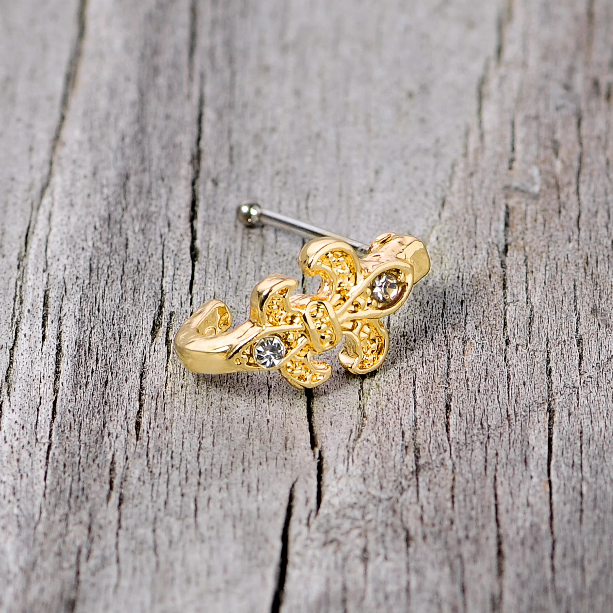 20G 3/8 Clear Gem Gold Tone Fleur De Lis Faux Hoop Nose Bone - Image 3