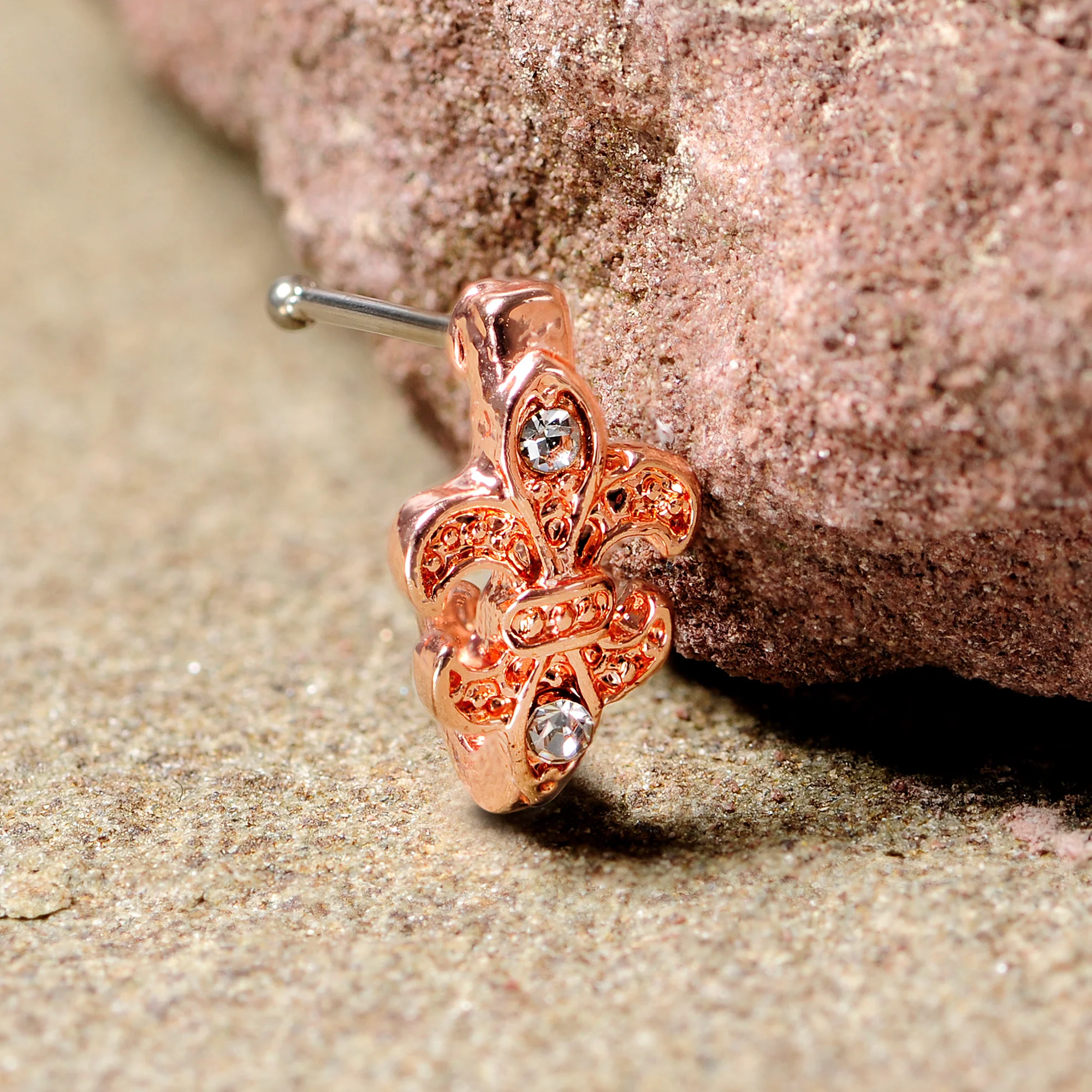 20G 3/8 Clear Gem Rose Gold Tone Fleur De Lis Faux Hoop Nose Bone - Image 5