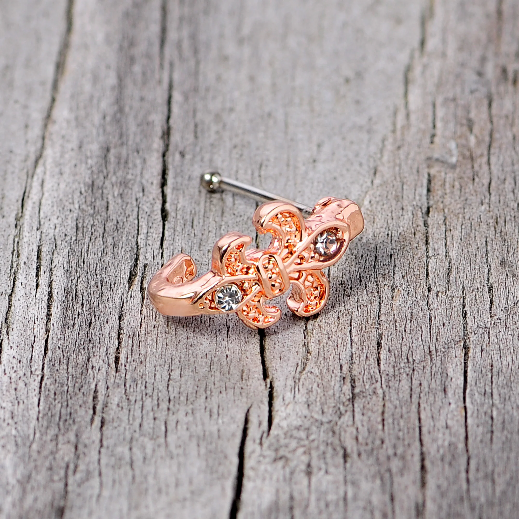 20G 3/8 Clear Gem Rose Gold Tone Fleur De Lis Faux Hoop Nose Bone - Image 6