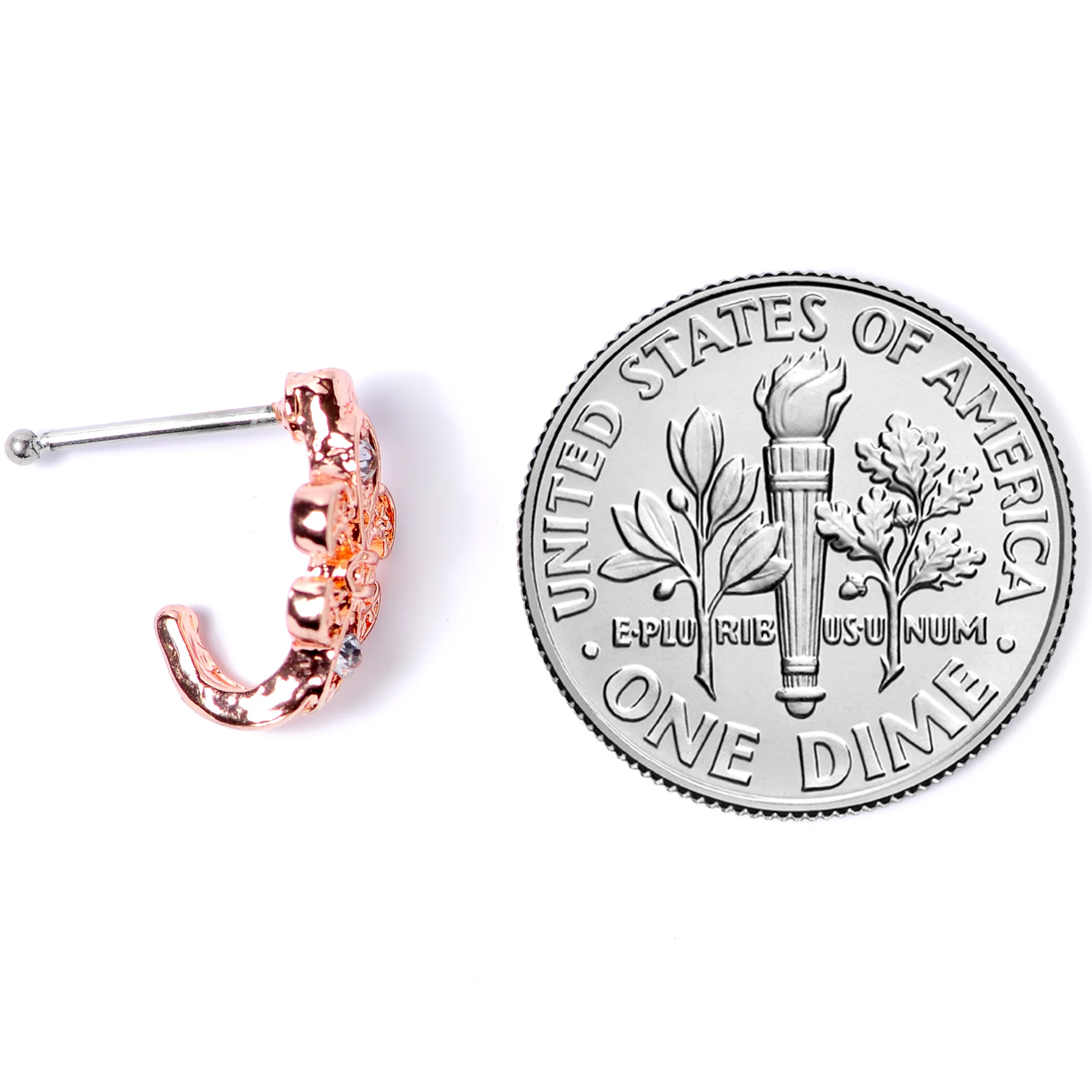 20G 3/8 Clear Gem Rose Gold Tone Fleur De Lis Faux Hoop Nose Bone - Image 7