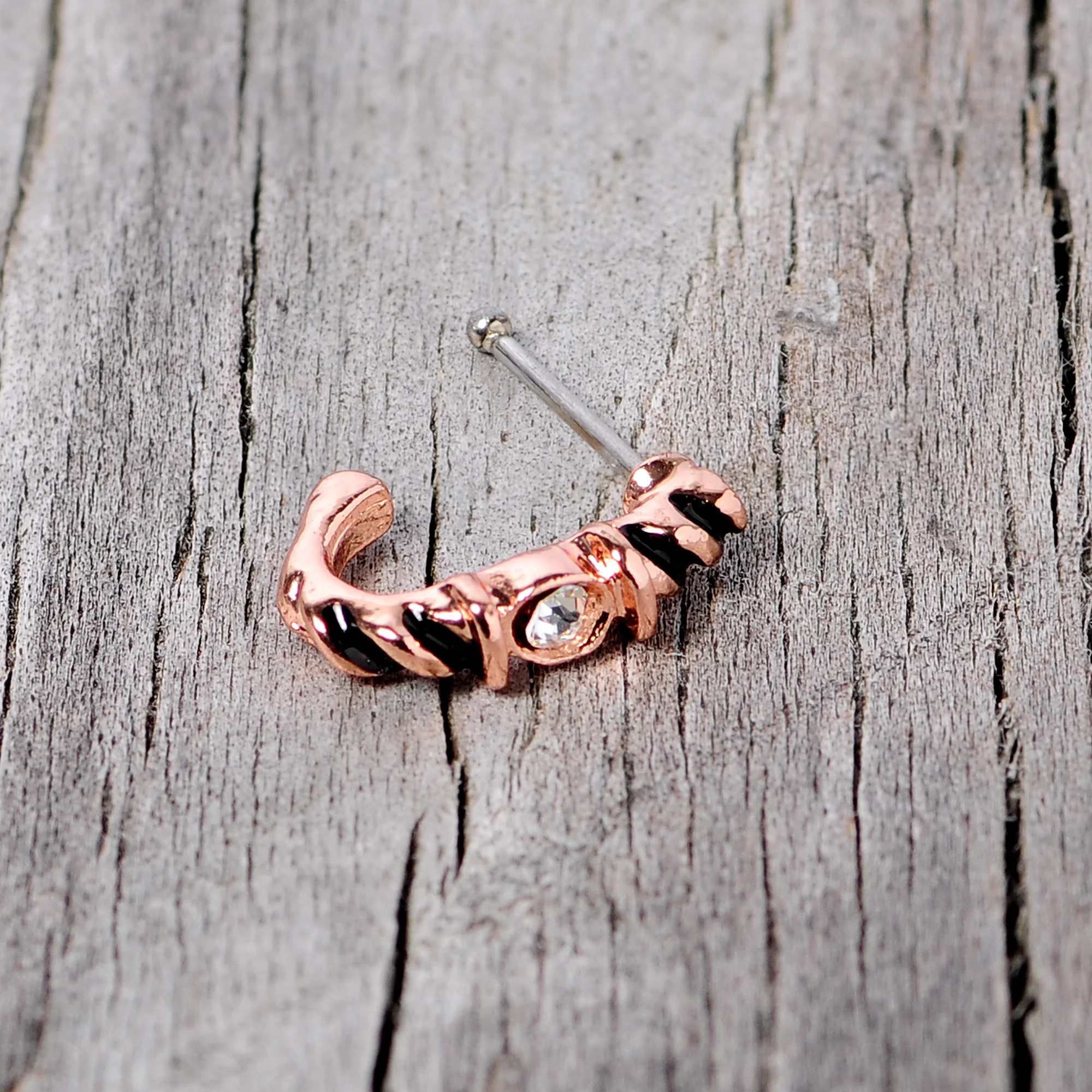 20G 3/8 Clear Gem Rose Gold Tone Twist Faux Hoop Nose Bone - Image 6