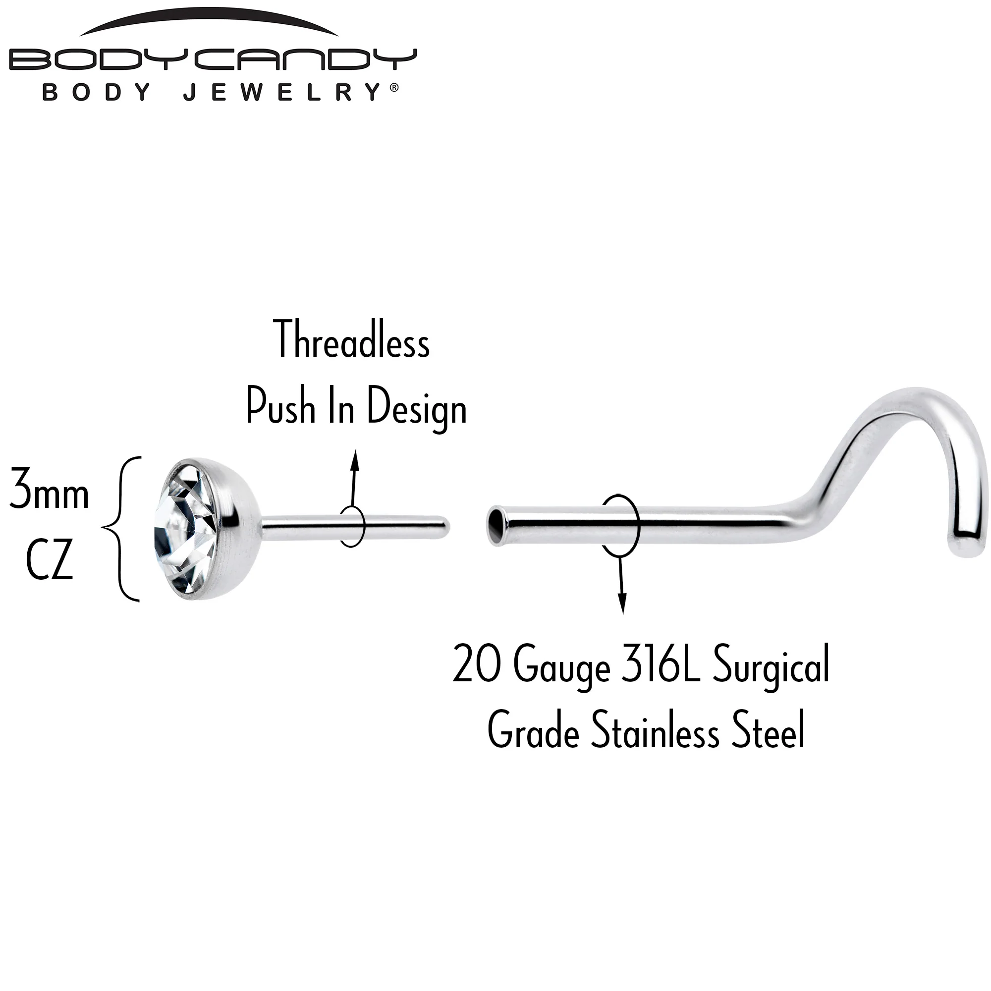 20G 3mm CZ Bezel Set Push-In Threadless Nose Screw Nose Ring - Image 4