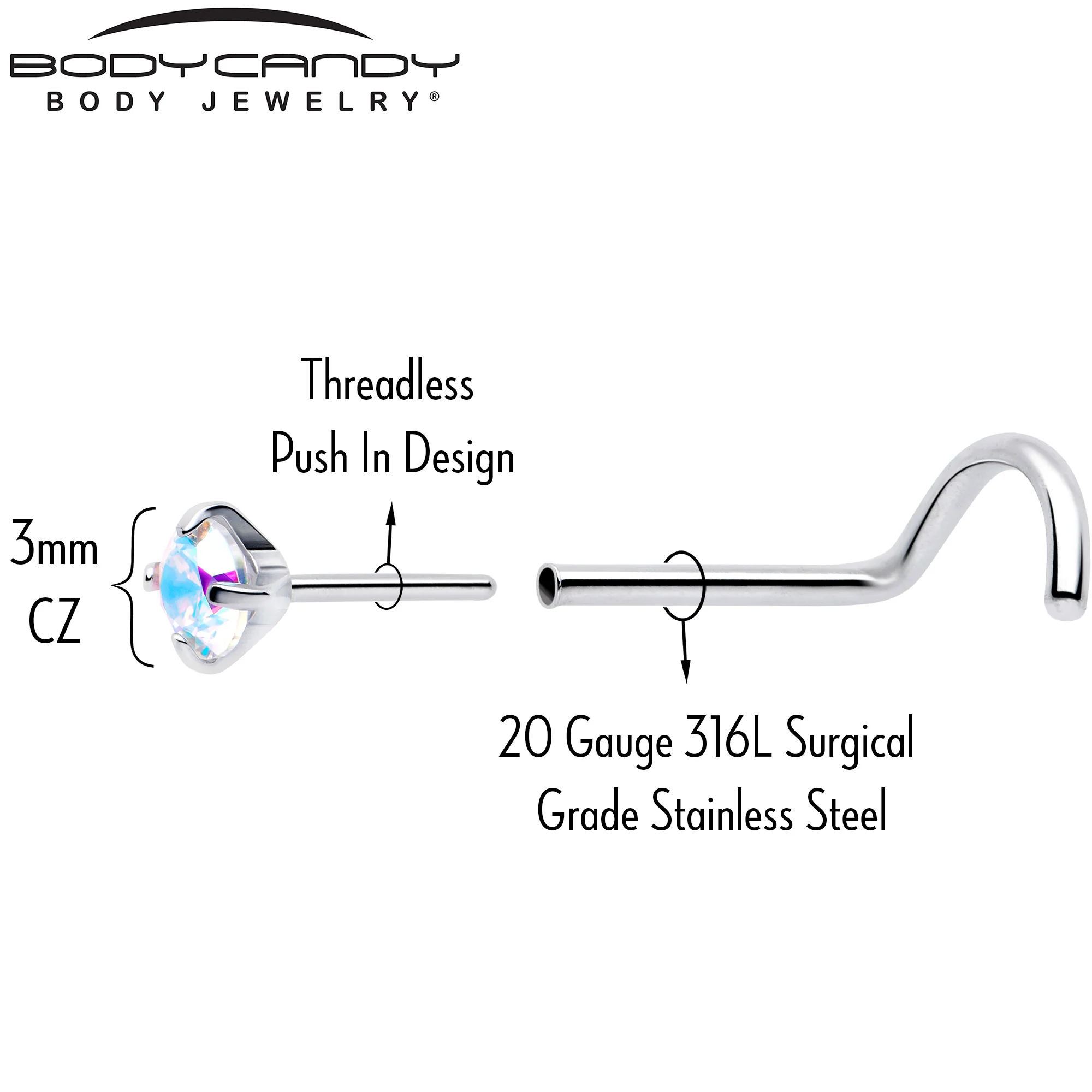 20G 3mm CZ Prong Set Push-In Threadless Nose Screw Nose Ring - Image 4