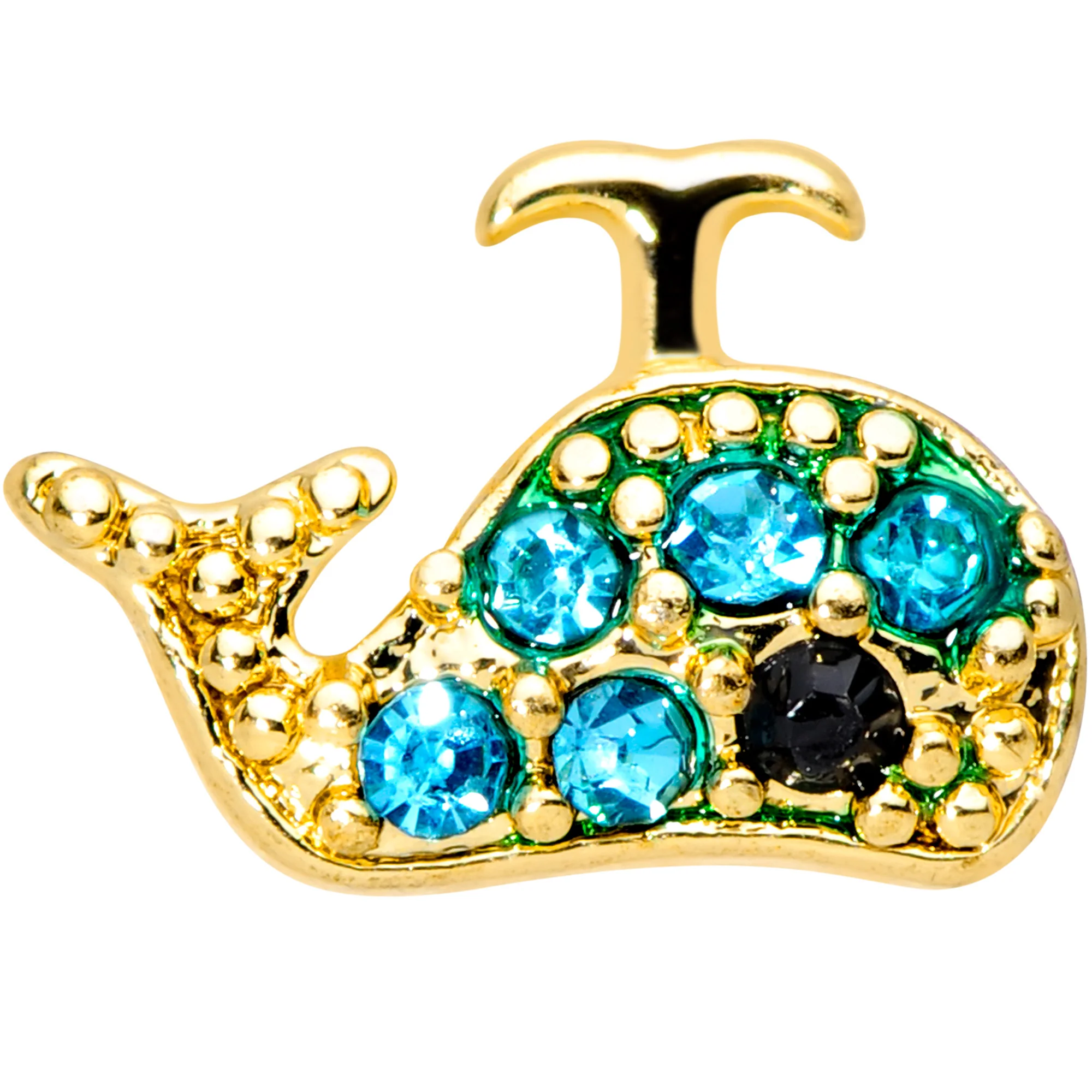 20G 5/16 Aqua Gem Gold Tone Water Whale Nose Bone - Image 2