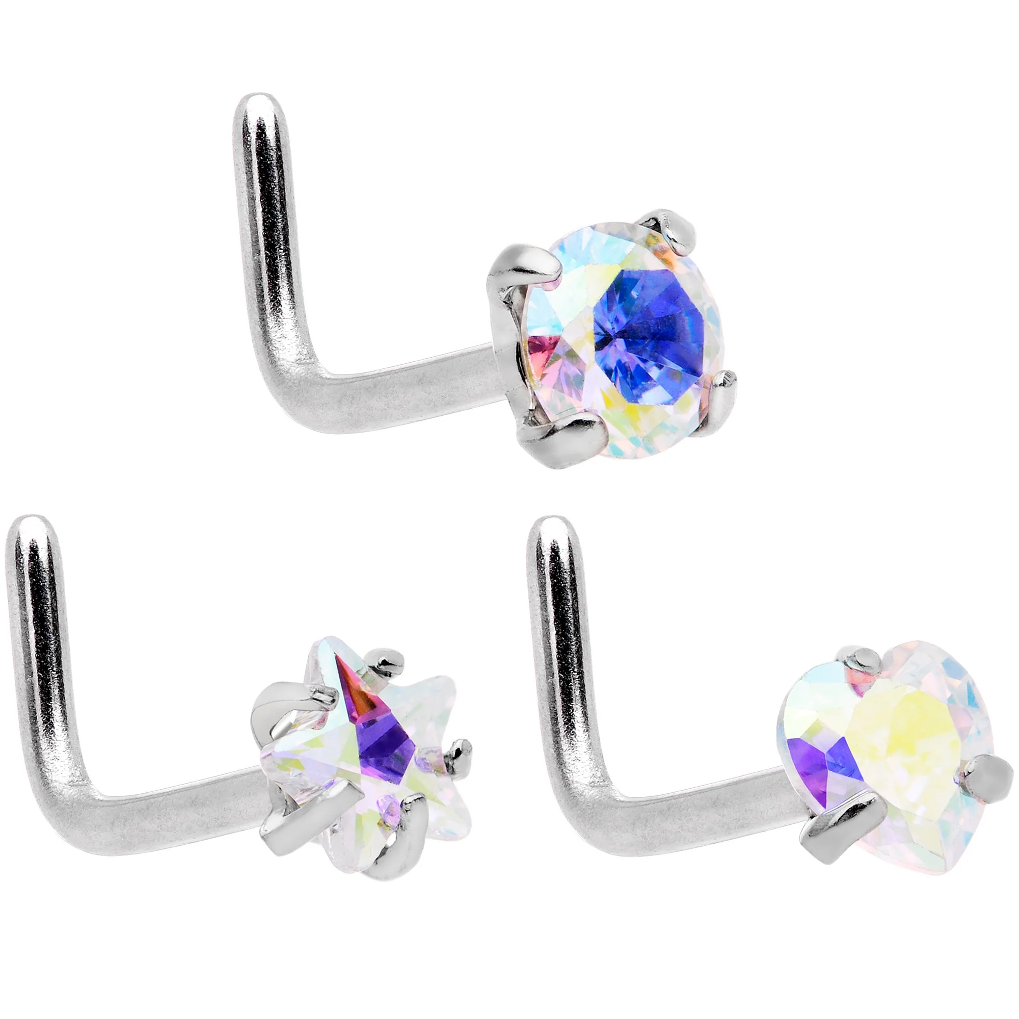 20G 5/16 Aurora Aqua Gem Variety L Shaped Nose Ring 6 Pack Set - Image 2