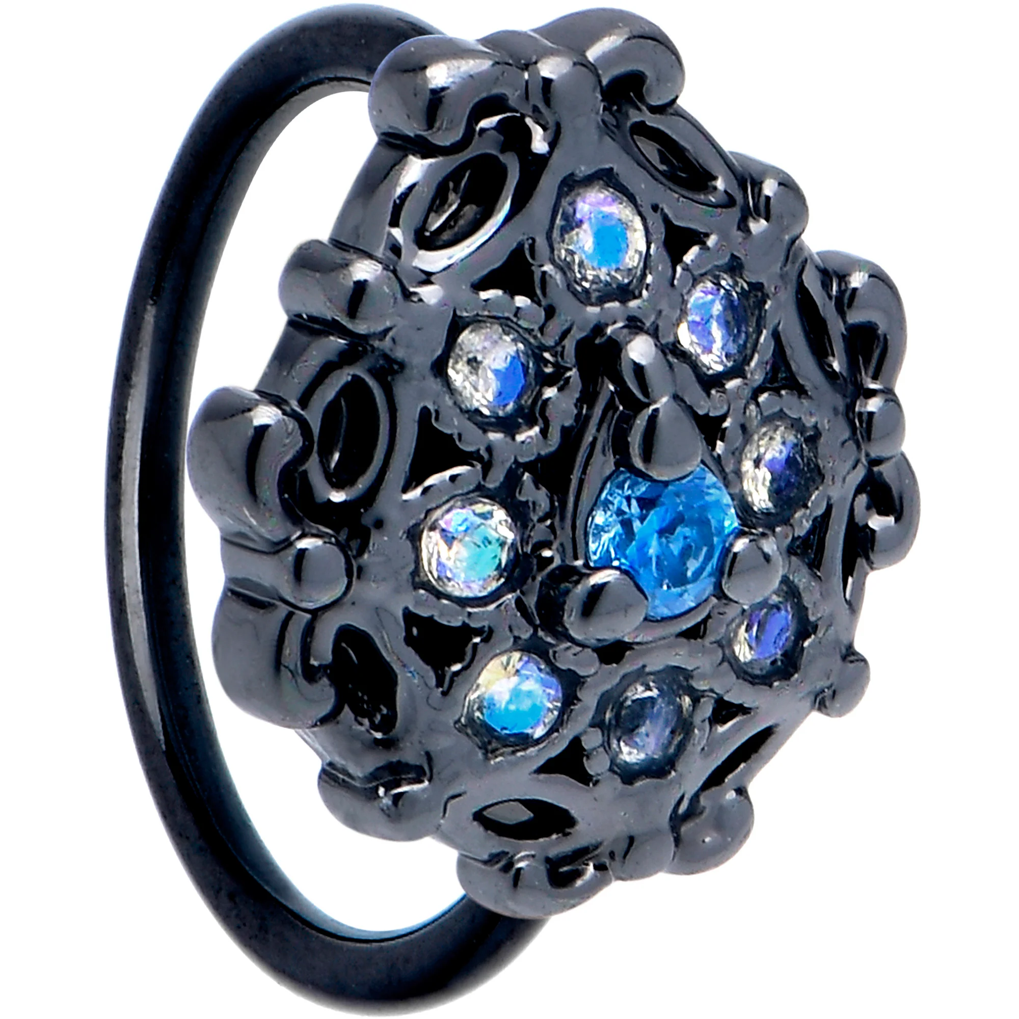 20G 5/16 Blue Aurora Gem Black Night Blossom Nose Hoop