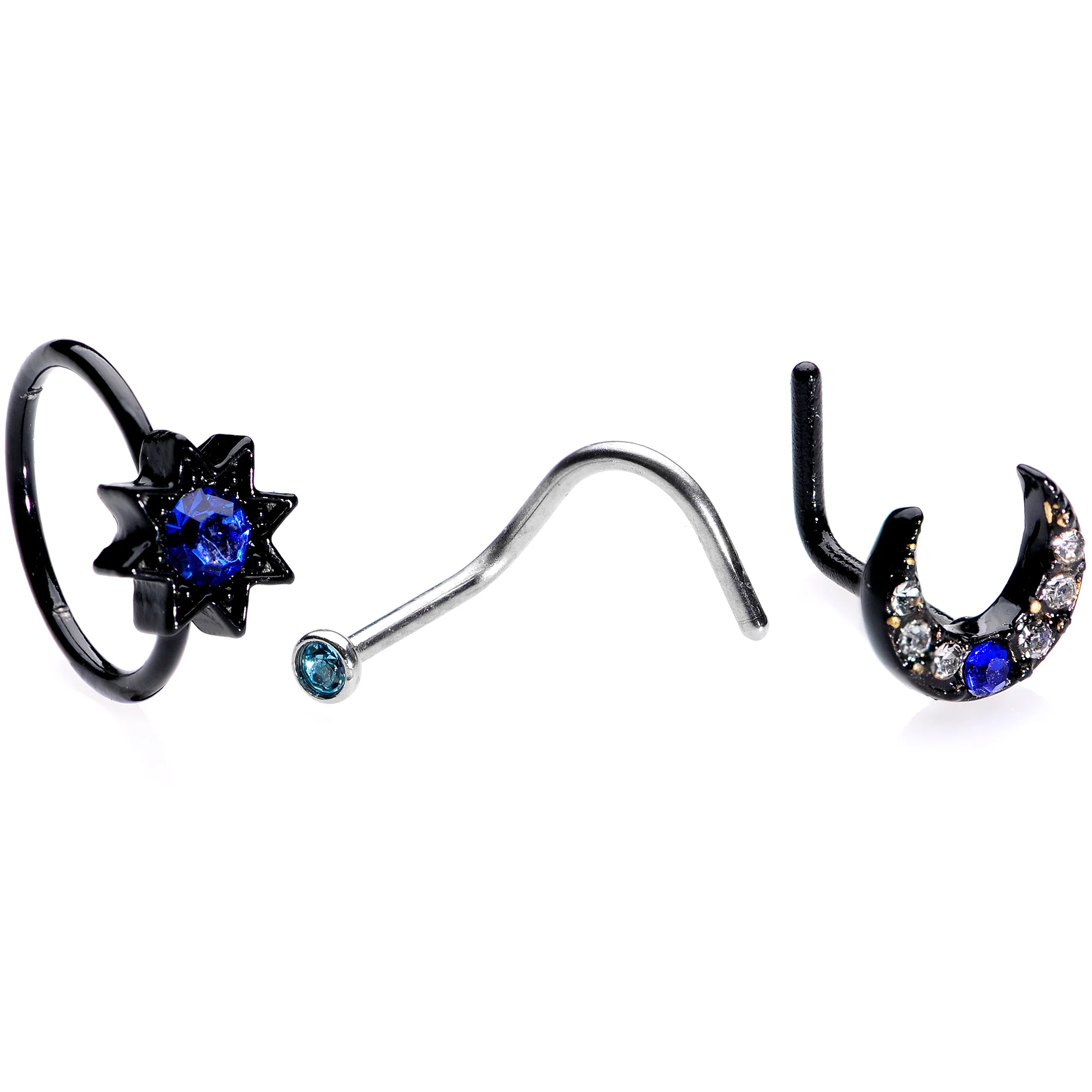 20G 5/16 Blue Gem Black Moon Star Assorted Nose Ring Set of 3 - Image 5