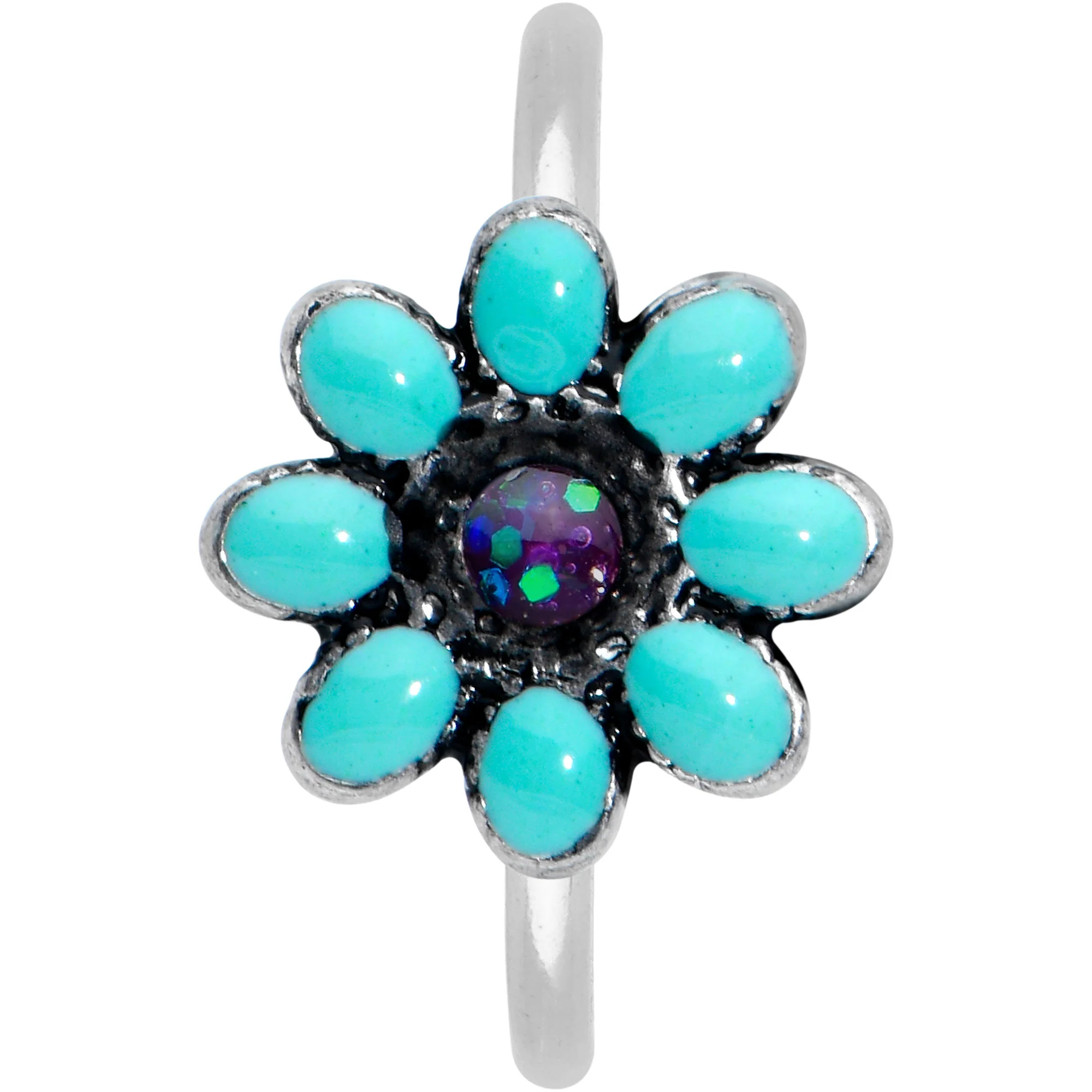 20G 5/16 Blue Gem Flower Teal Petals Nose Hoop - Image 2