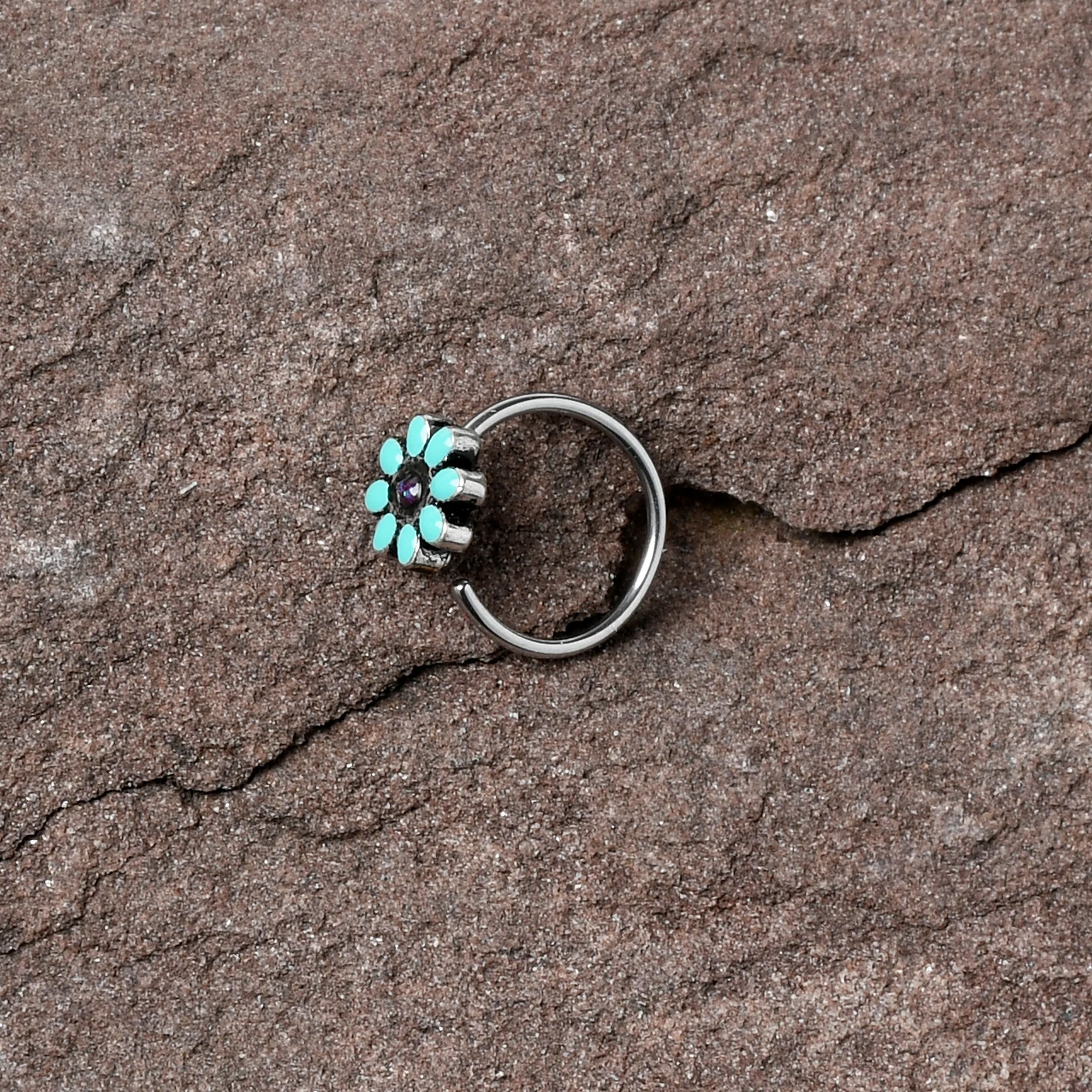 20G 5/16 Blue Gem Flower Teal Petals Nose Hoop - Image 4