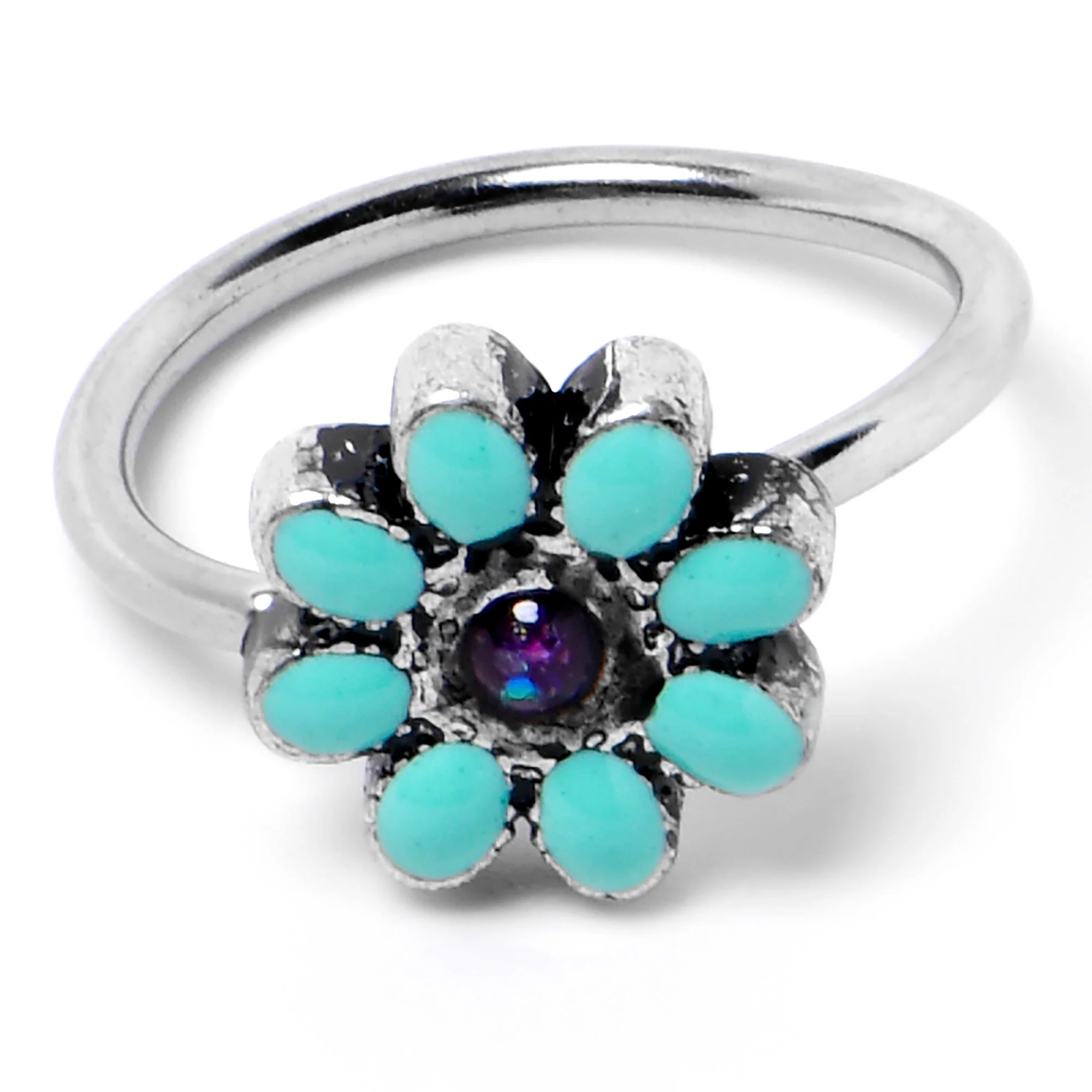 20G 5/16 Blue Gem Flower Teal Petals Nose Hoop - Image 5