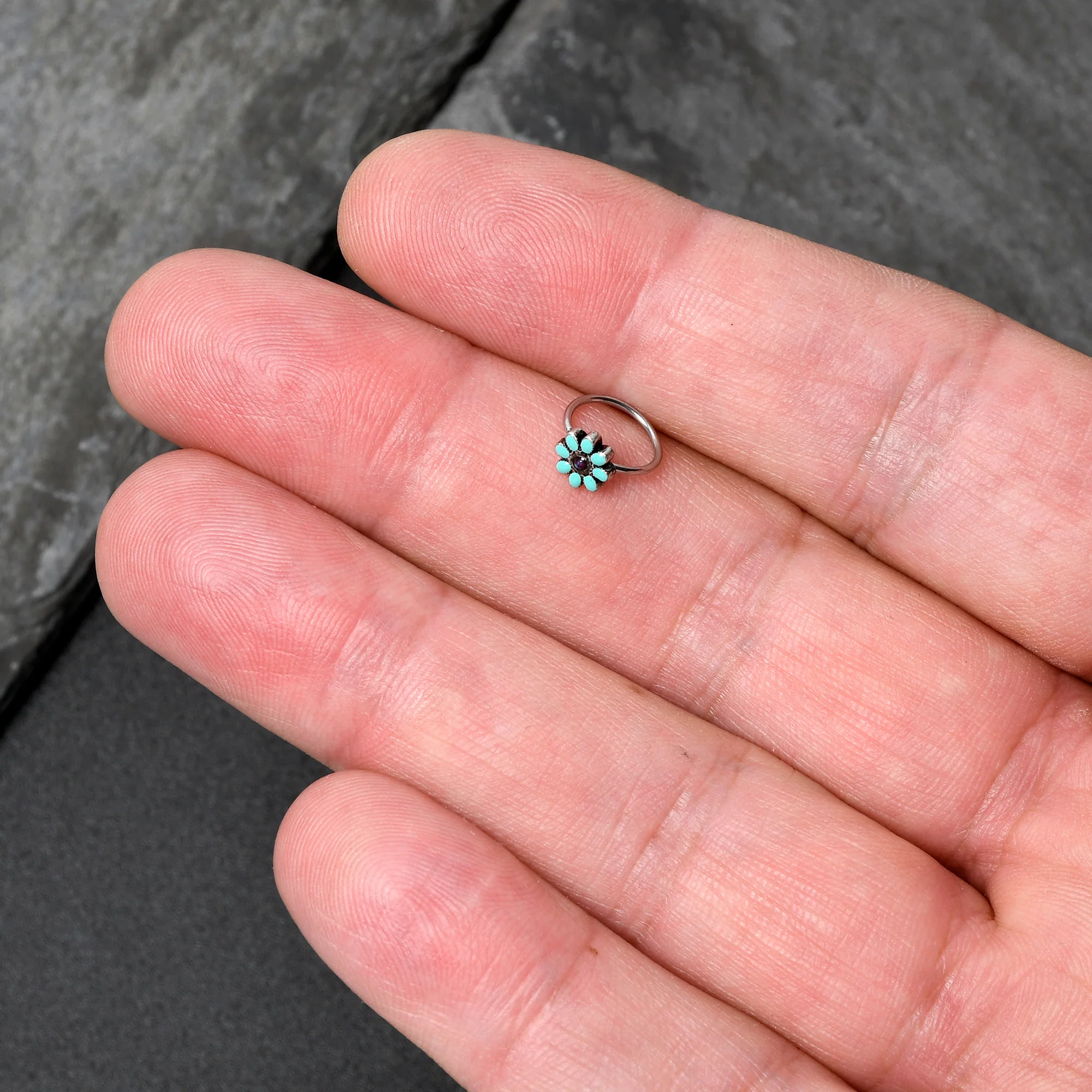 20G 5/16 Blue Gem Flower Teal Petals Nose Hoop - Image 7