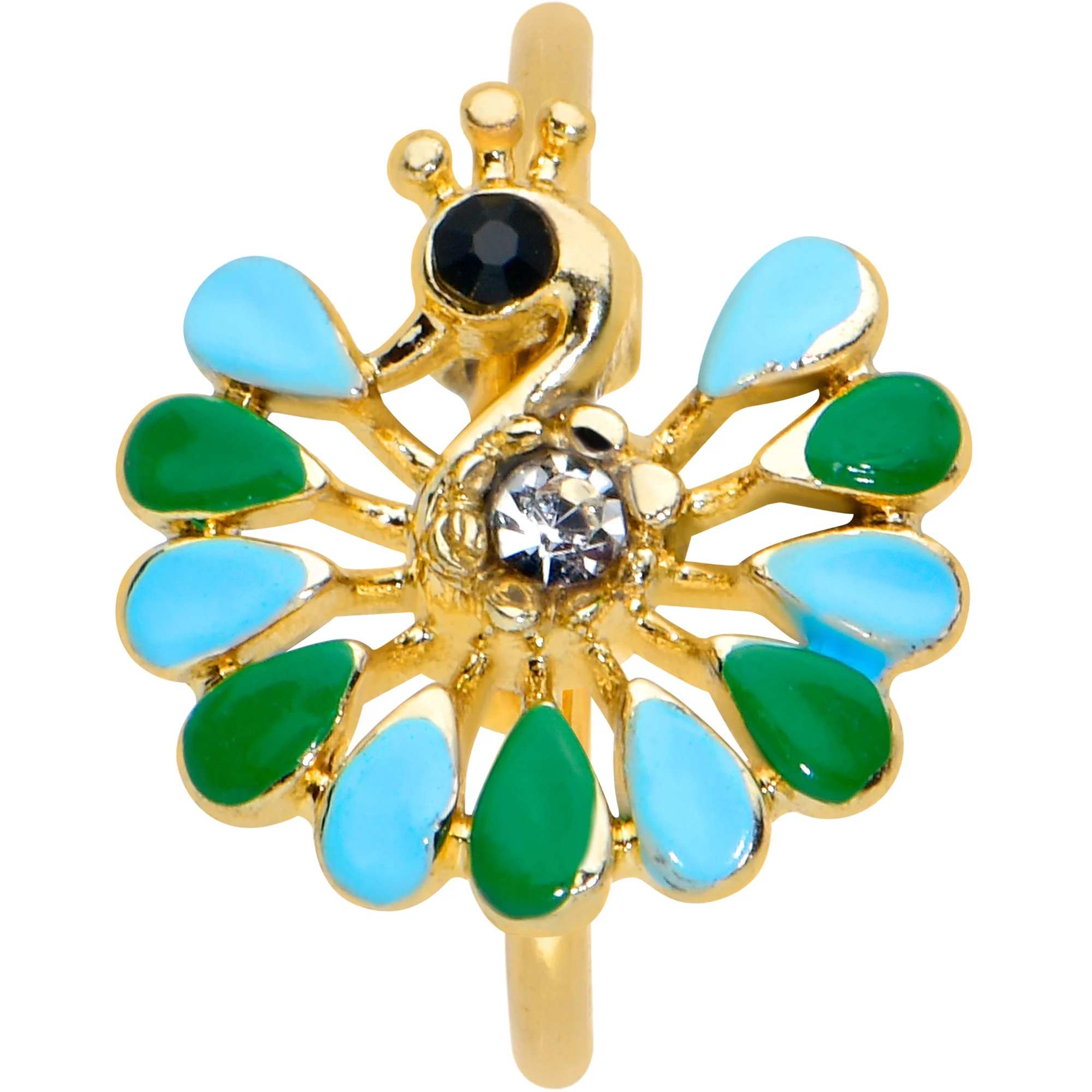 20G 5/16 Clear Black Gem Gold Tone Pretty Peacock Nose Hoop - Image 2