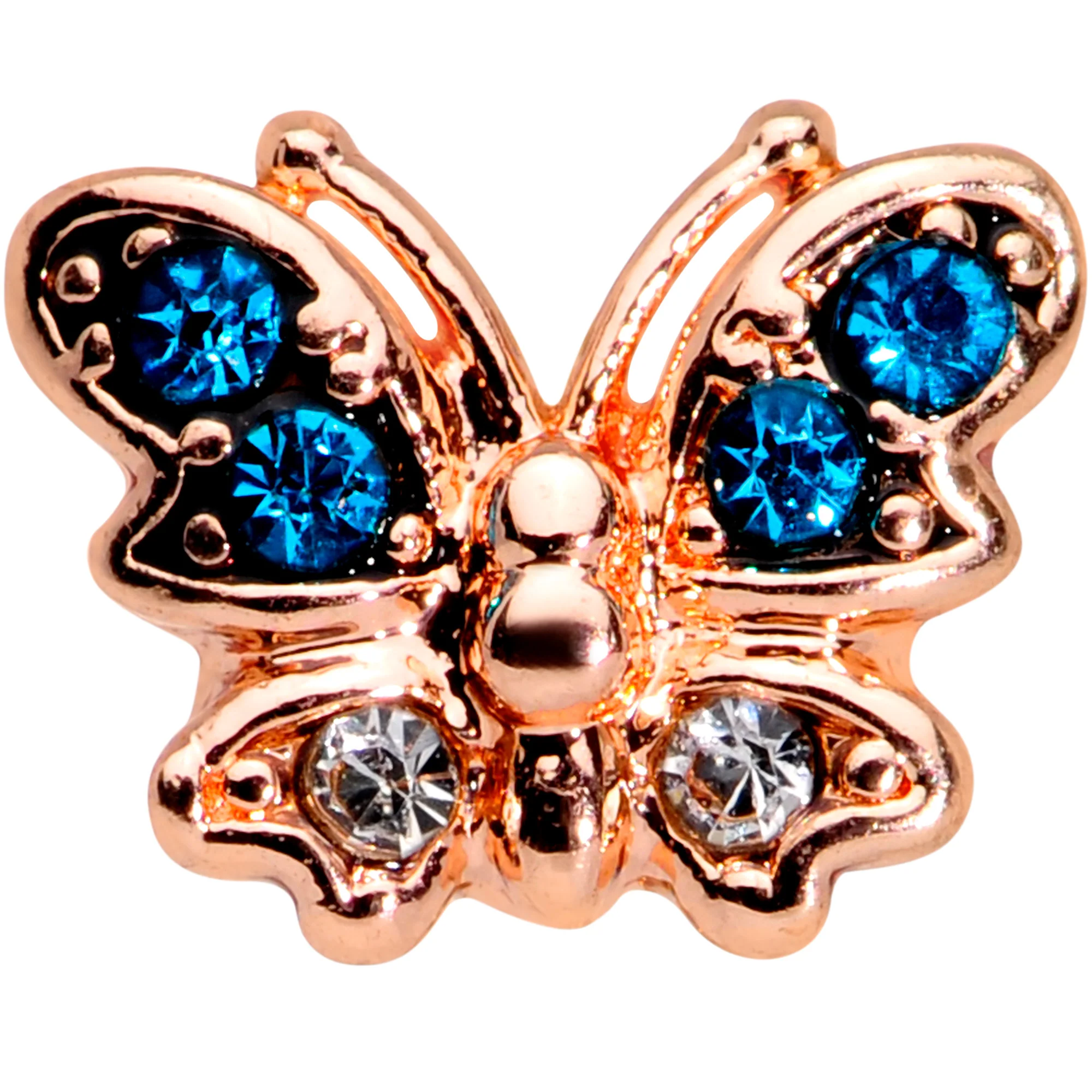20G 5/16 Clear Blue Gem Rose Gold Tone Glam Butterfly Nose Hoop - Image 2