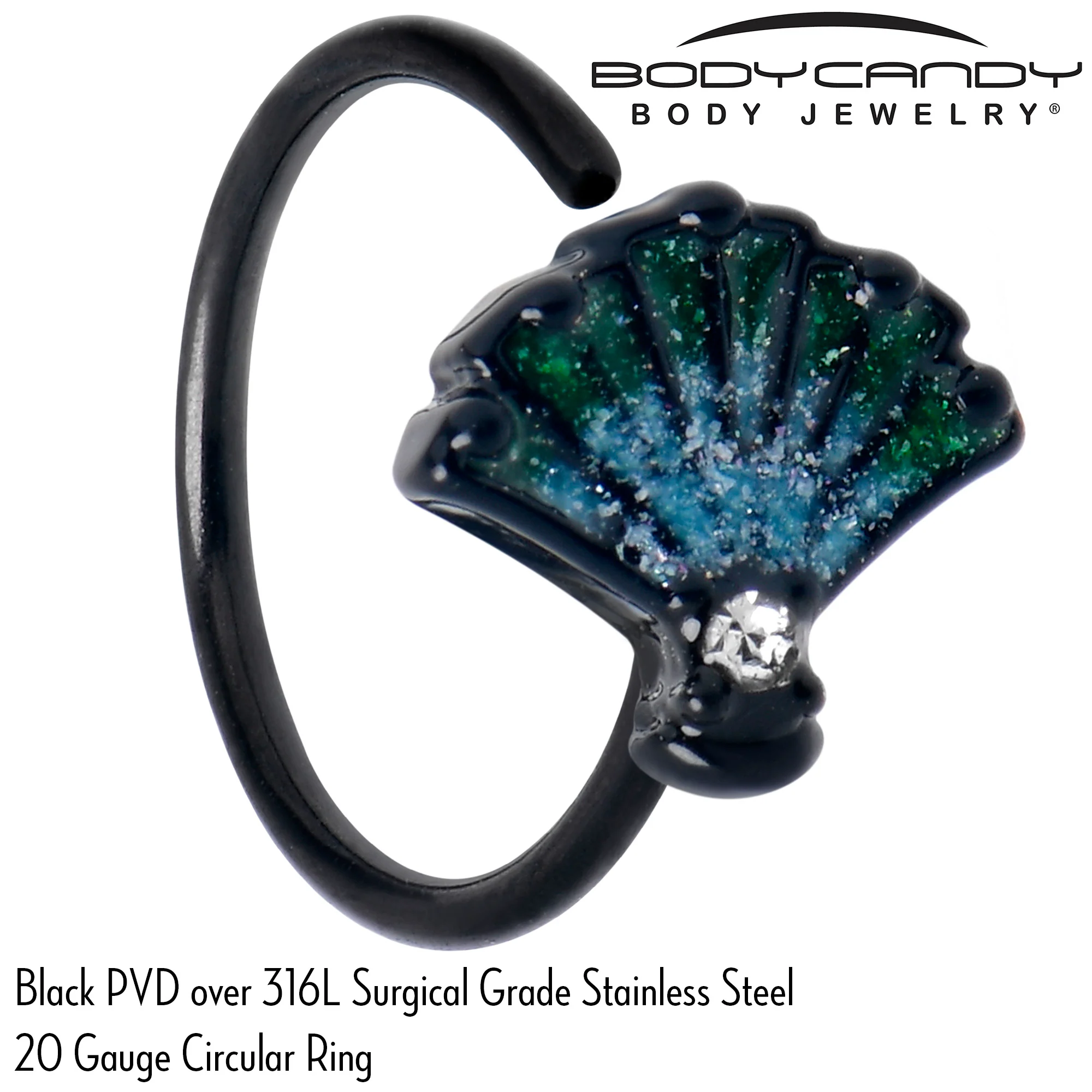 20G 5/16 Clear CZ Gem Black Serenity Ocean Magic Shell Nose Hoop - Image 3