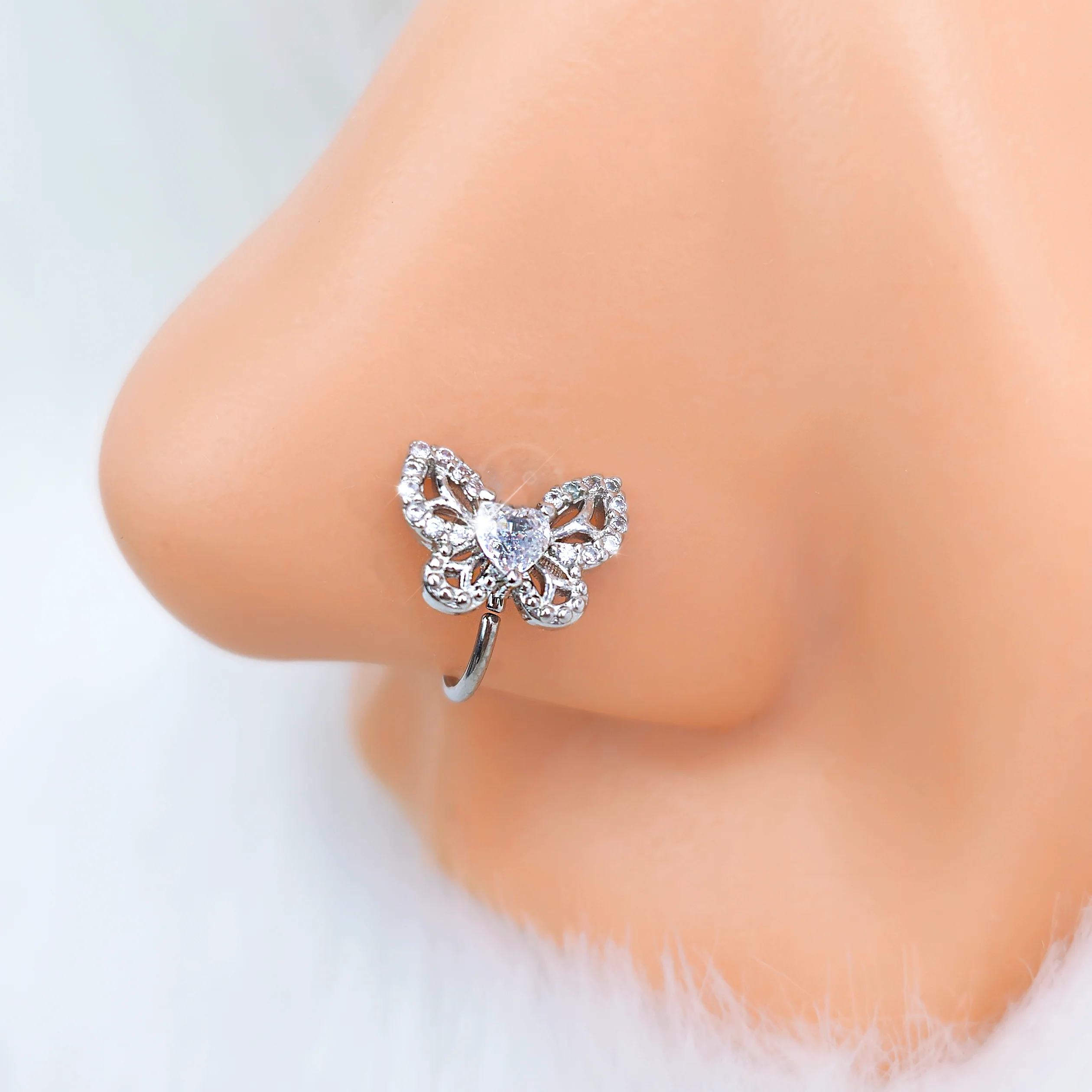 20G 5/16 Clear CZ Gem Butterfly Delight Nose Hoop - Image 2