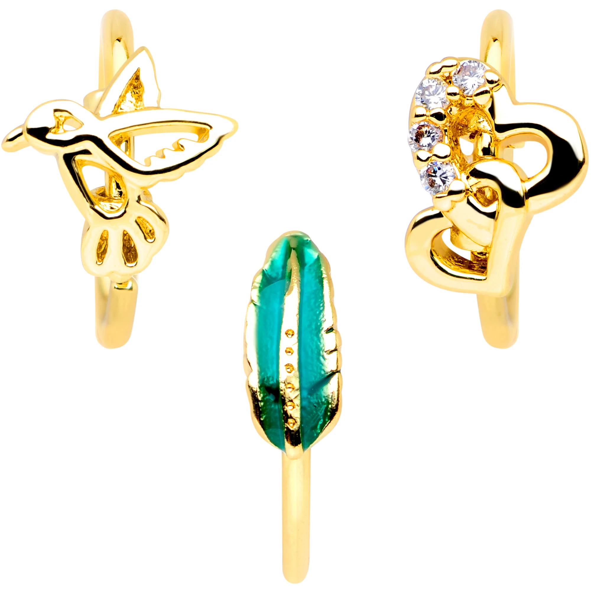 20G 5/16 Clear CZ Gem Gold Tone Bird Heart Nose Hoop Set of 3 - Image 3
