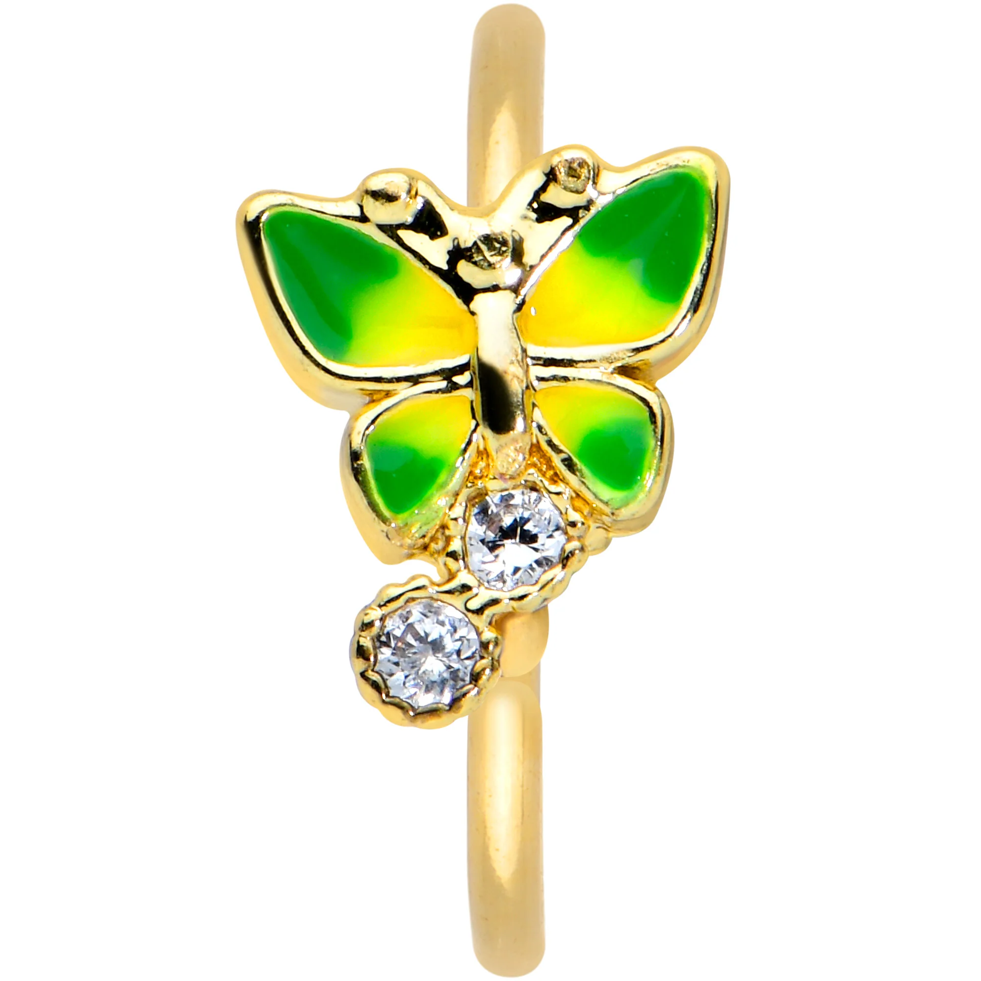 20G 5/16 Clear CZ Gem Green Butterfly Gold Tone Insect Nose Hoop - Image 2