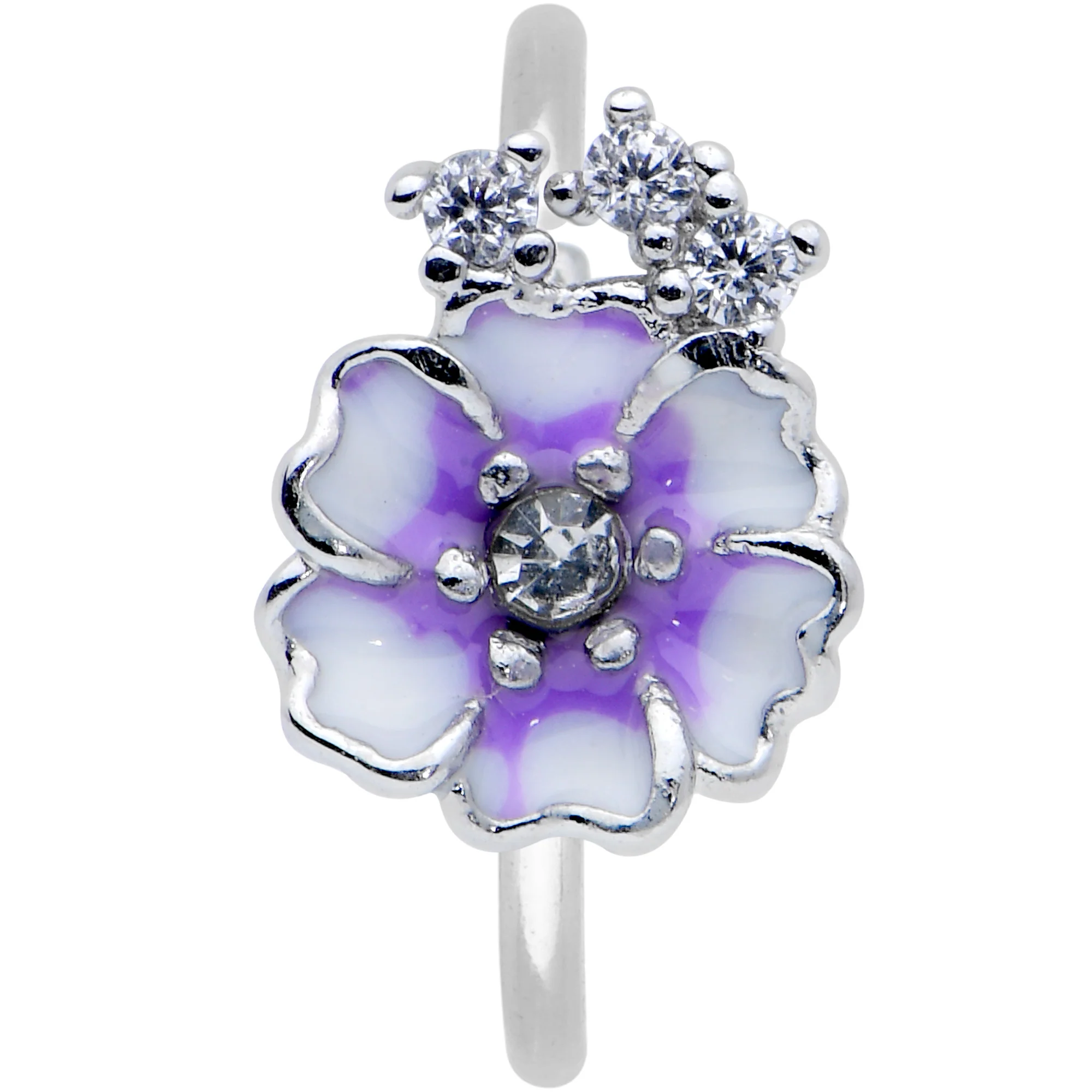 20G 5/16 Clear CZ Gem Purple White Flower Nose Hoop - Image 2