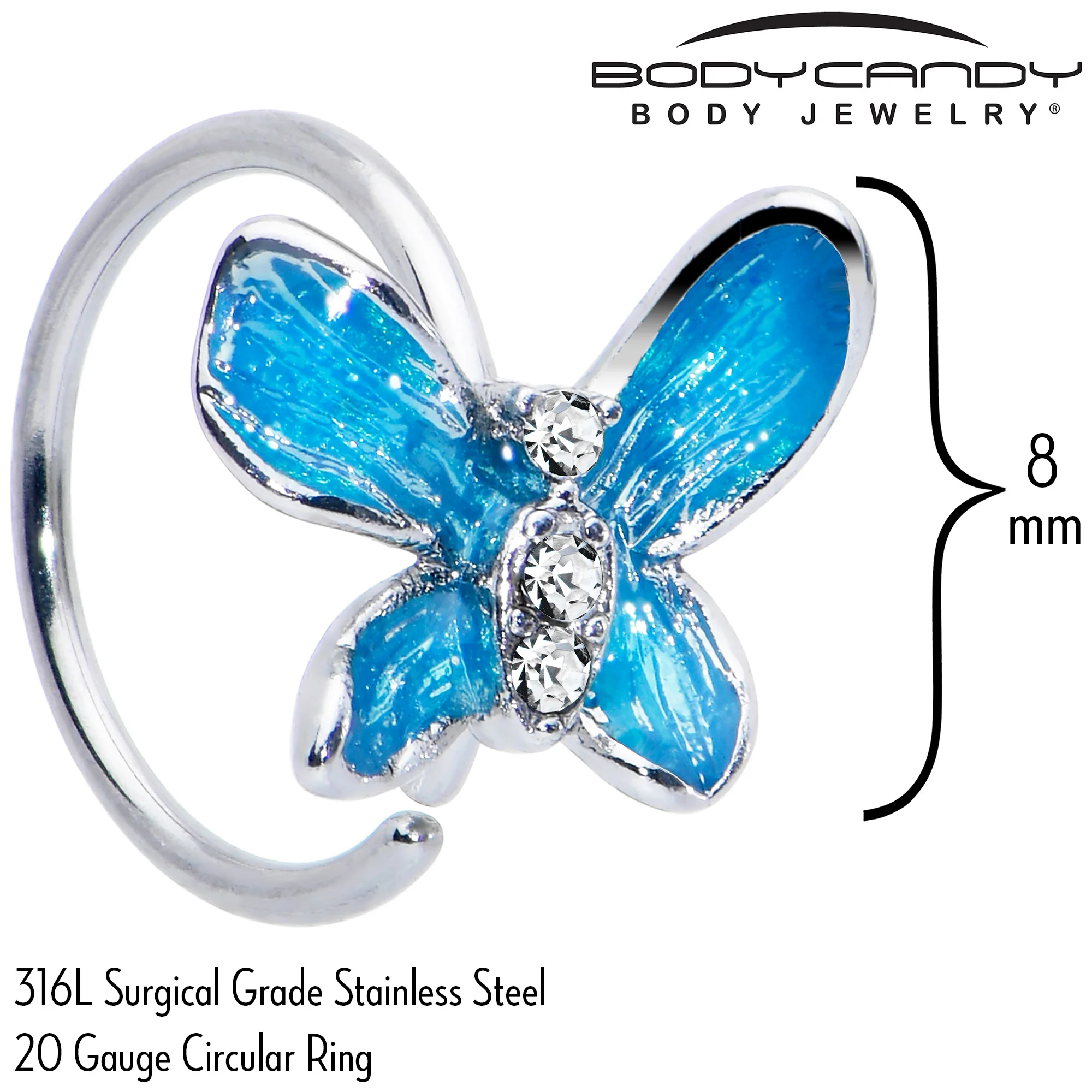 20G 5/16 Clear Gem Chunky Butterfly Blue Nose Hoop - Image 5