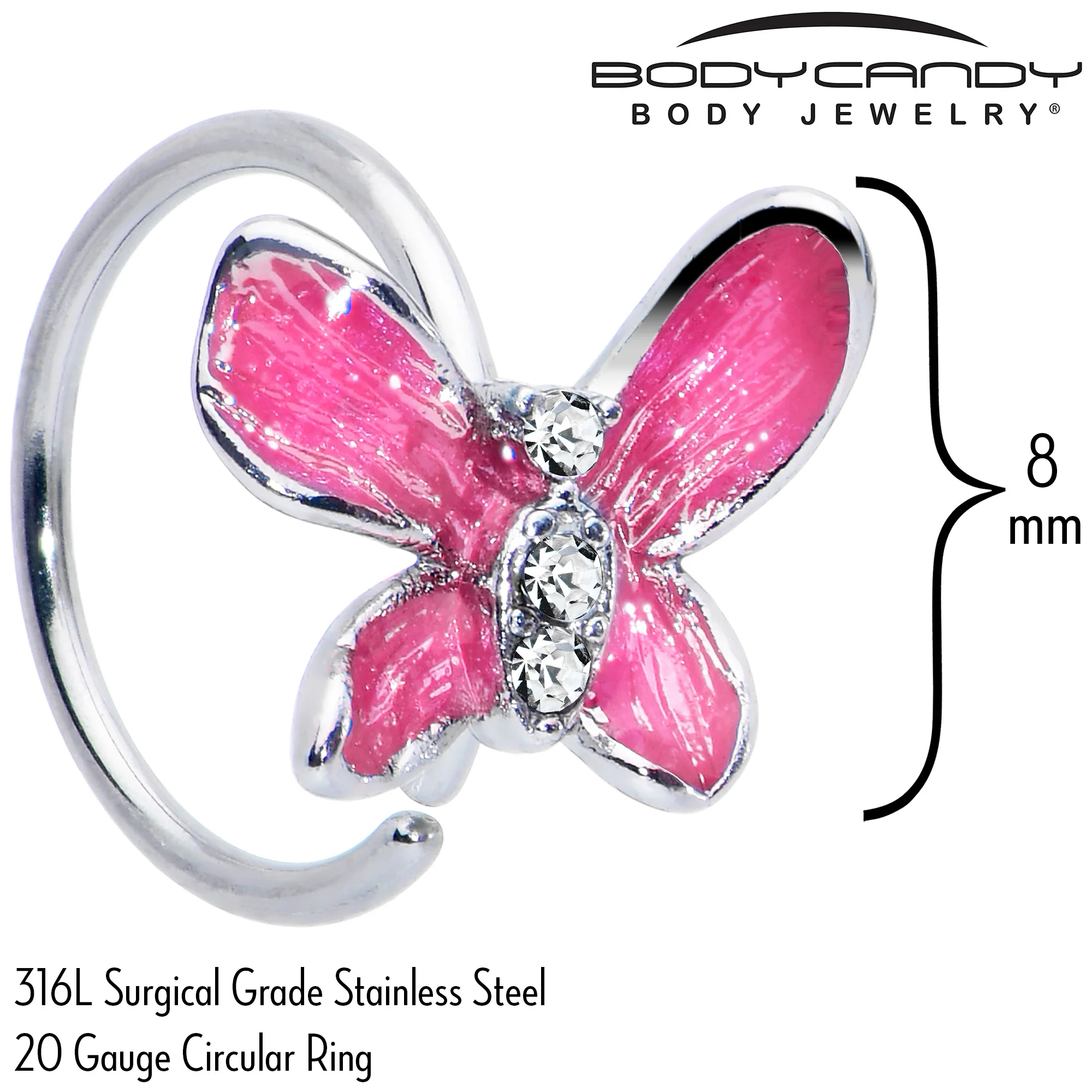 20G 5/16 Clear Gem Chunky Butterfly Pink Nose Hoop - Image 5