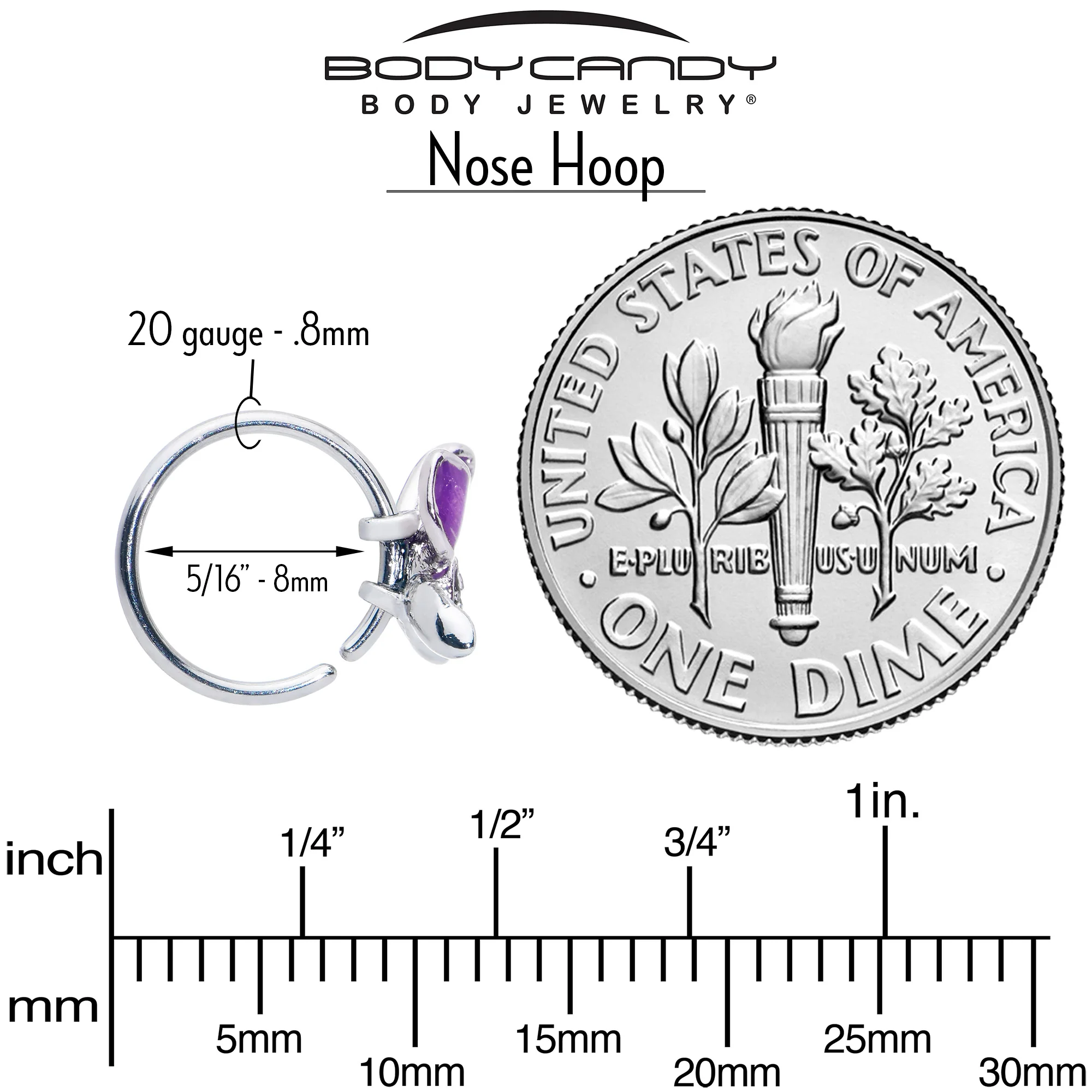 20G 5/16 Clear Gem Chunky Butterfly Purple Nose Hoop - Image 6