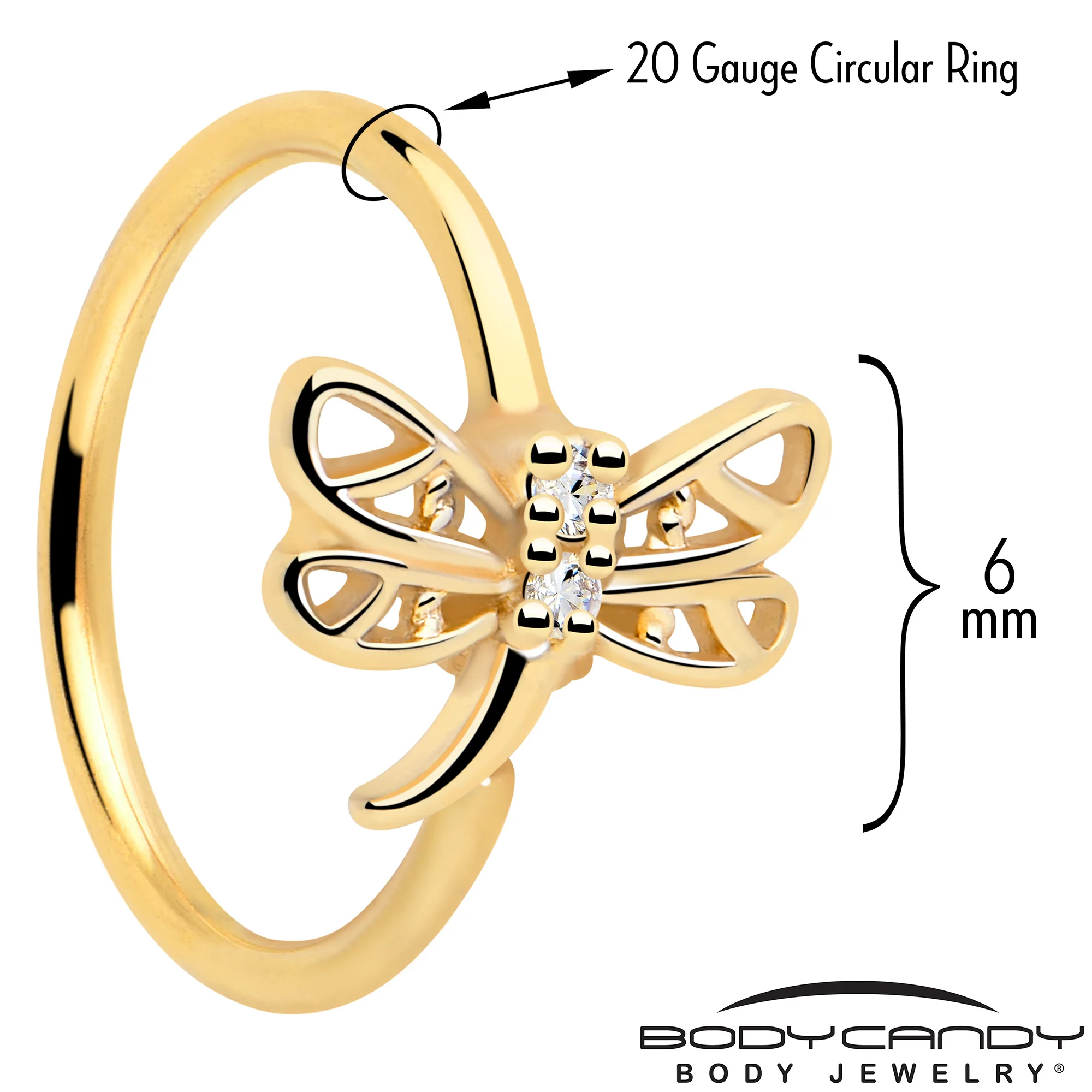 20G 5/16 Clear Gem Gold Tone Filigree Dragonfly Nose Hoop - Image 2