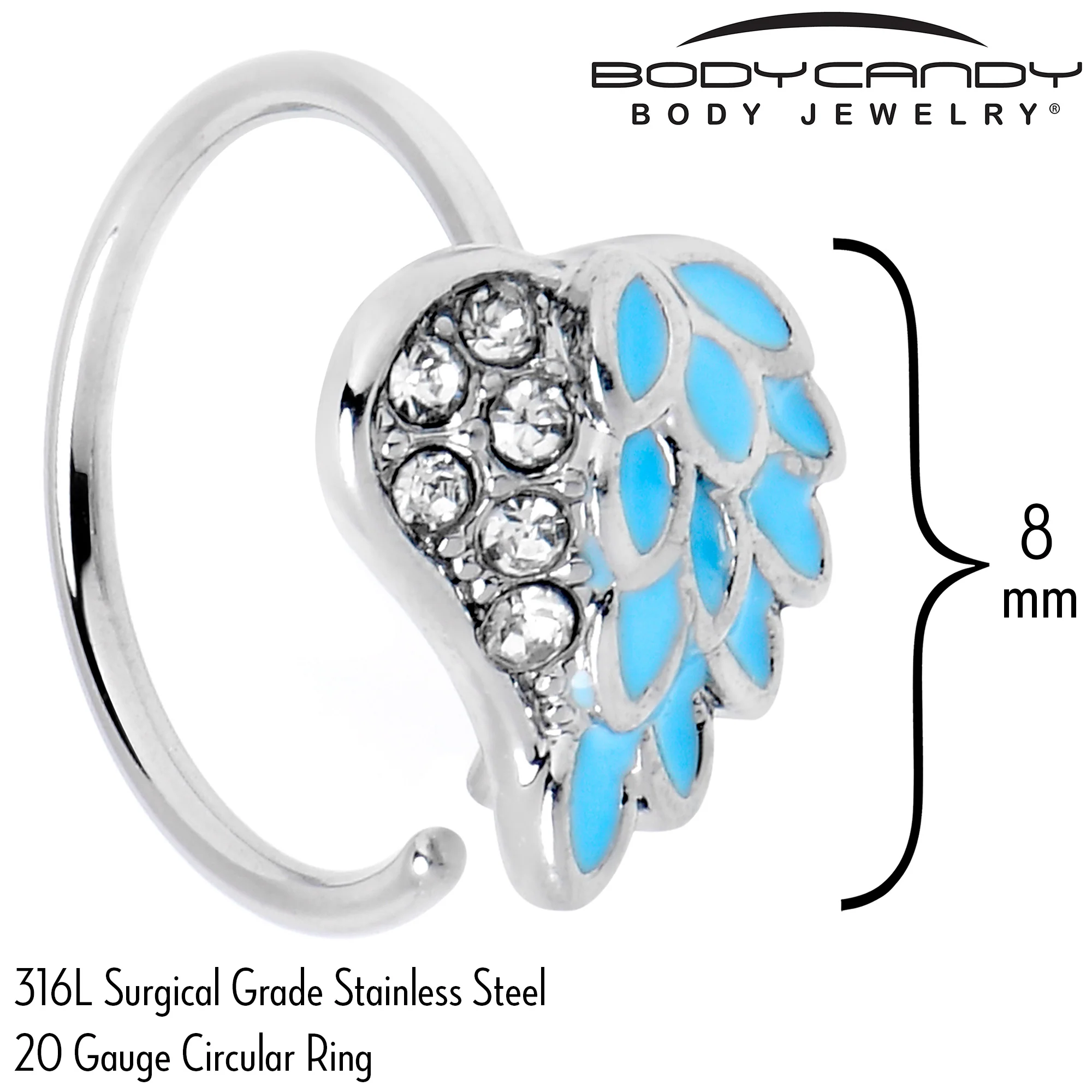 20G 5/16 Clear Gem Heavenly Heart Angel Wing Blue Nose Hoop - Image 5
