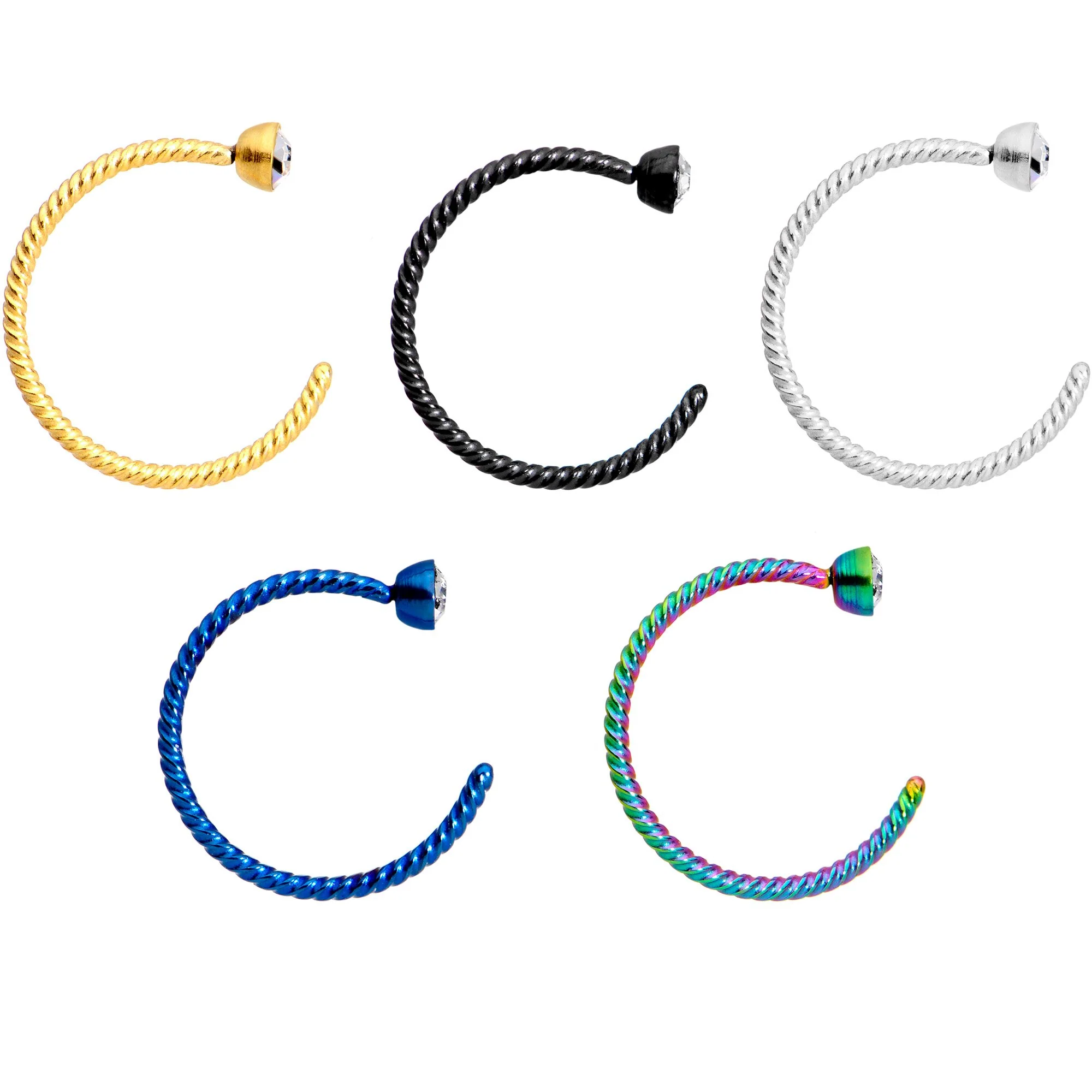 20G 5/16 Clear Gem Rainbow Pack Set of 5 Twisted Nose Hoop Rings - Image 2