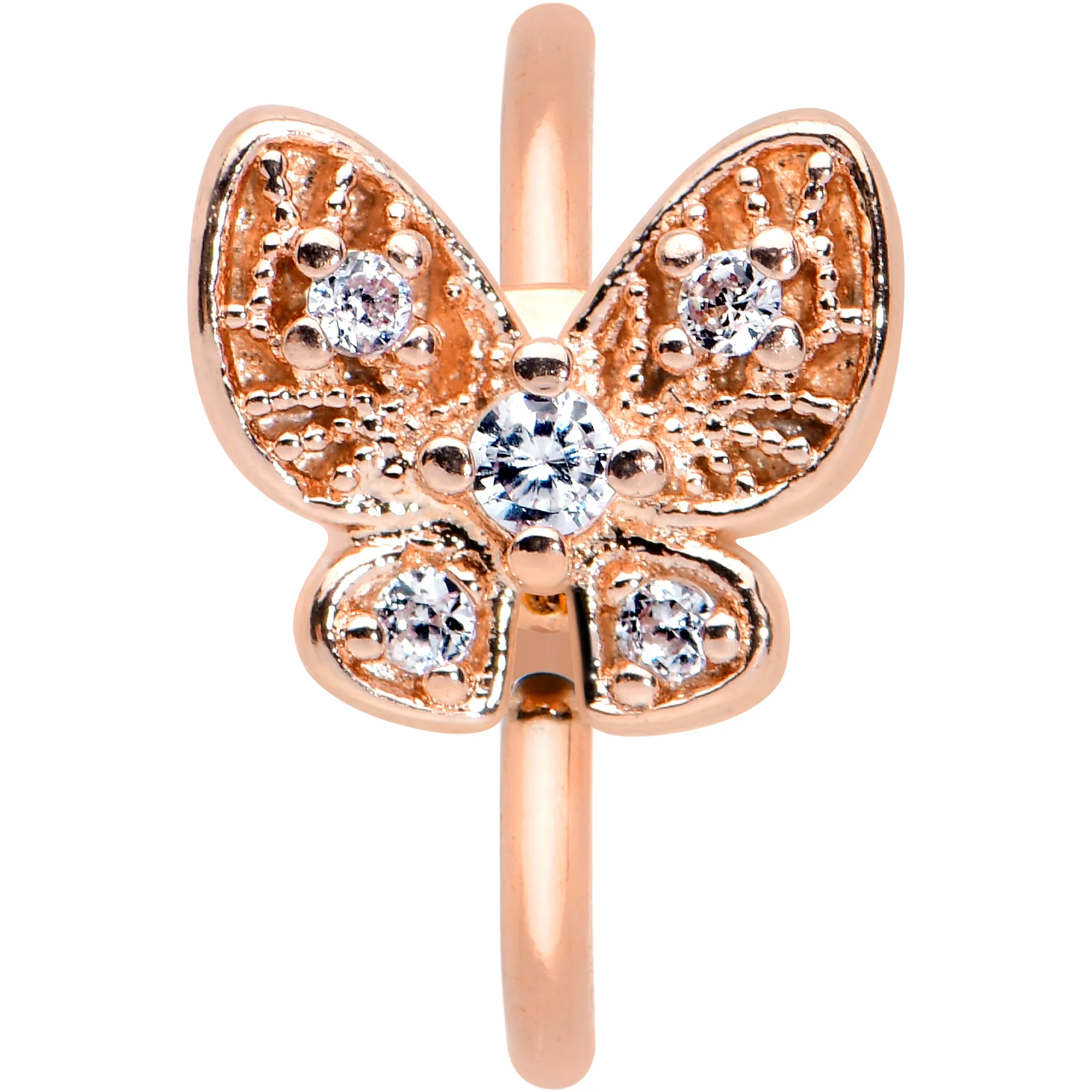 20G 5/16 Clear Gem Rose Gold Tone Airy Butterfly Nose Hoop - Image 2
