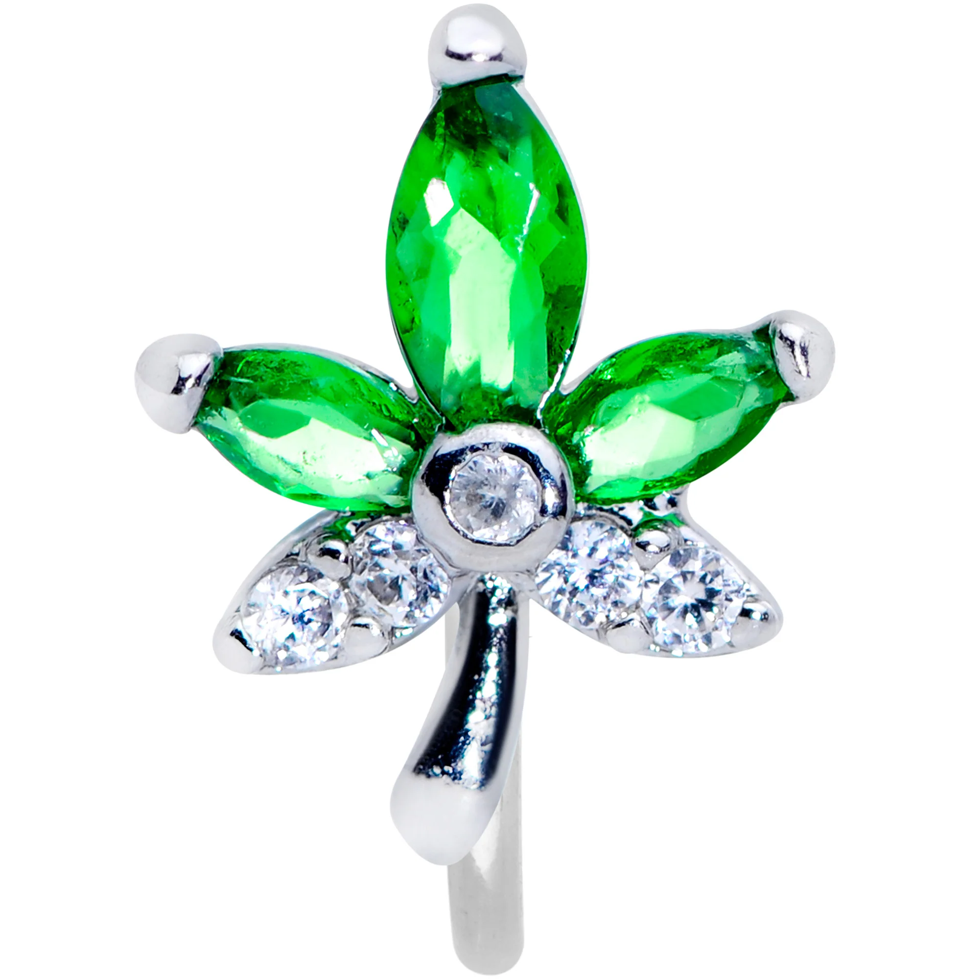 20G 5/16 Clear Green Gem Pot Leaf Nose Hoop - Image 2