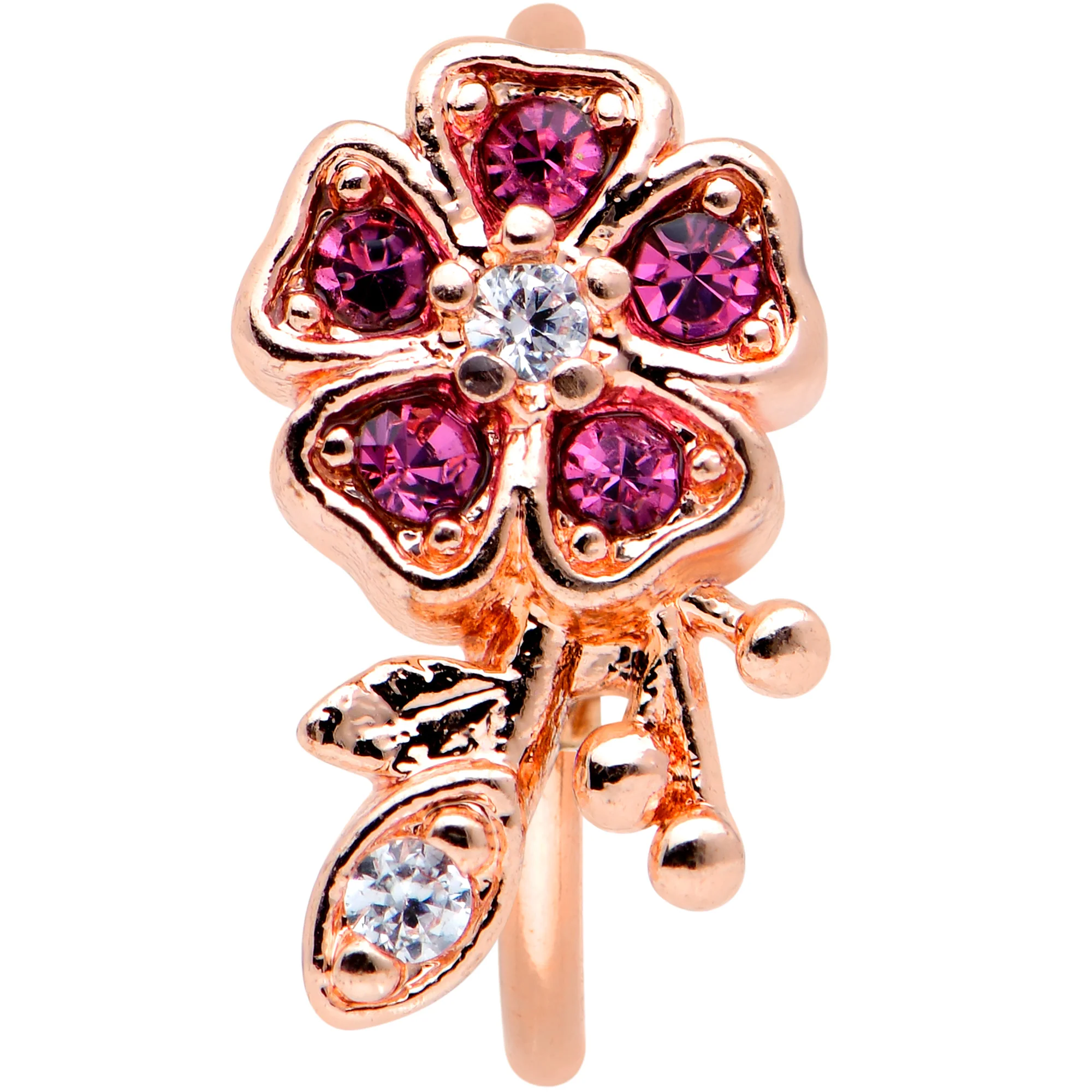 20G 5/16 Clear Pink Gem Rose Gold Tone Heart Flower Nose Hoop - Image 2