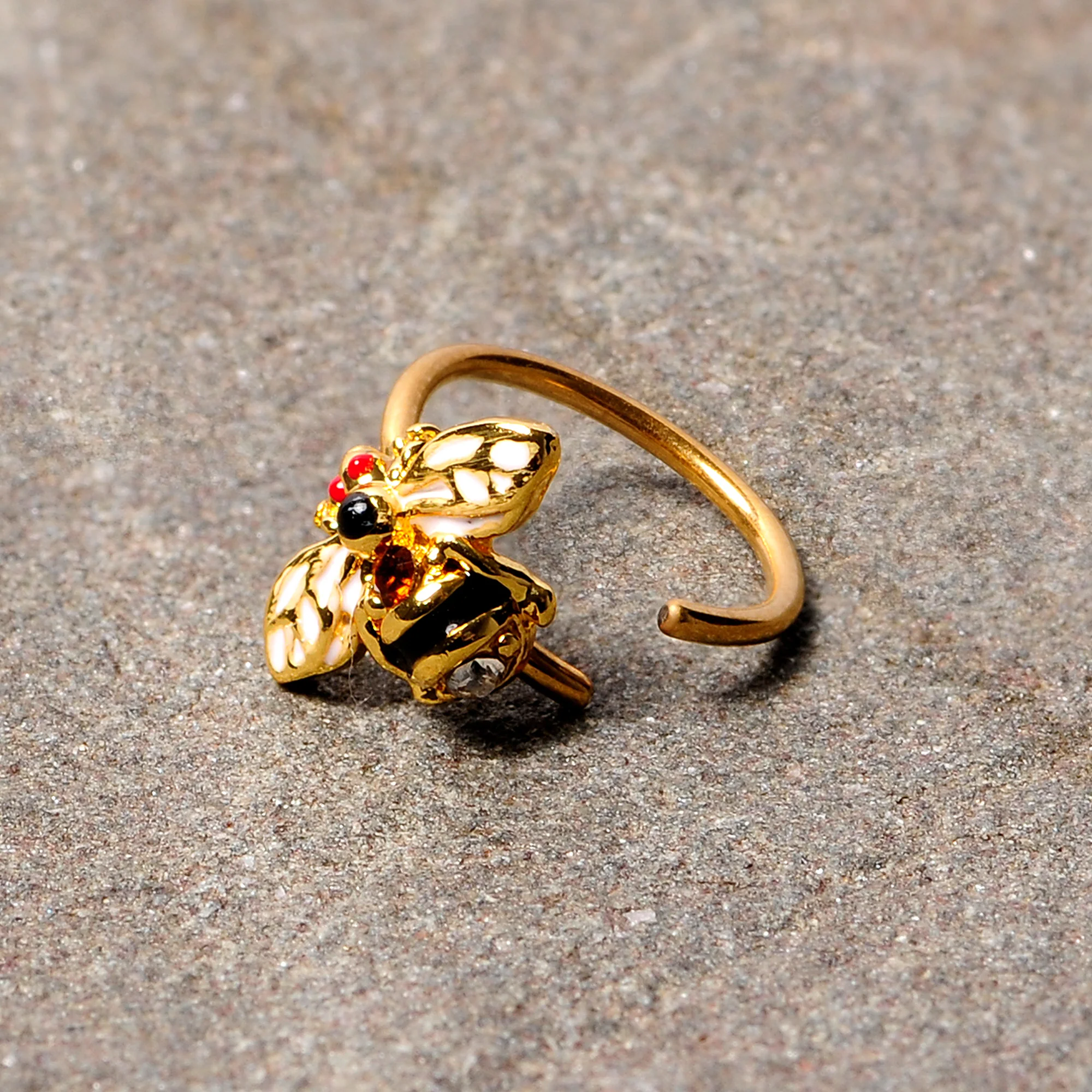 20G 5/16 Clear Yellow Gem Gold Tone Bee Nose Hoop - Image 3