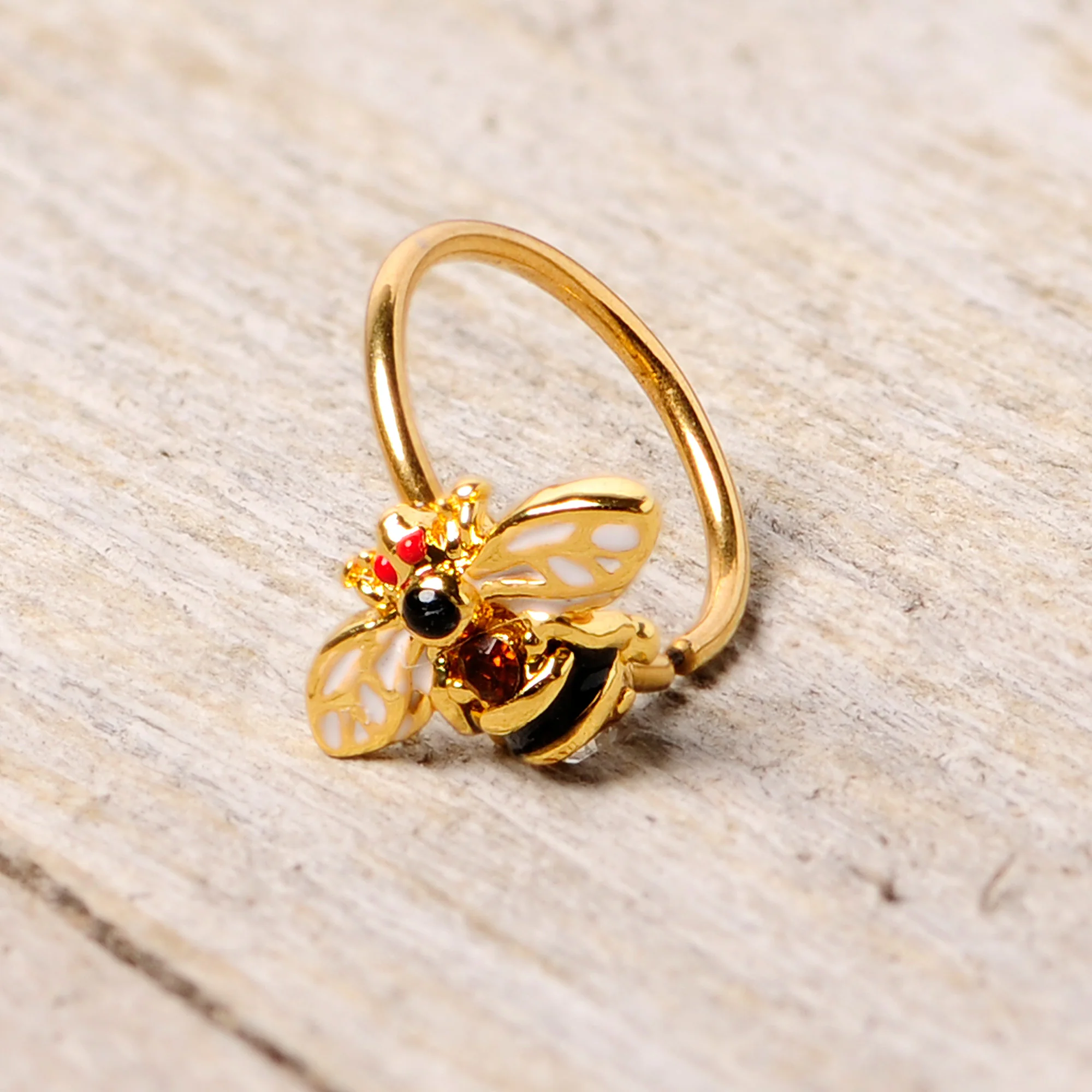20G 5/16 Clear Yellow Gem Gold Tone Bee Nose Hoop - Image 4