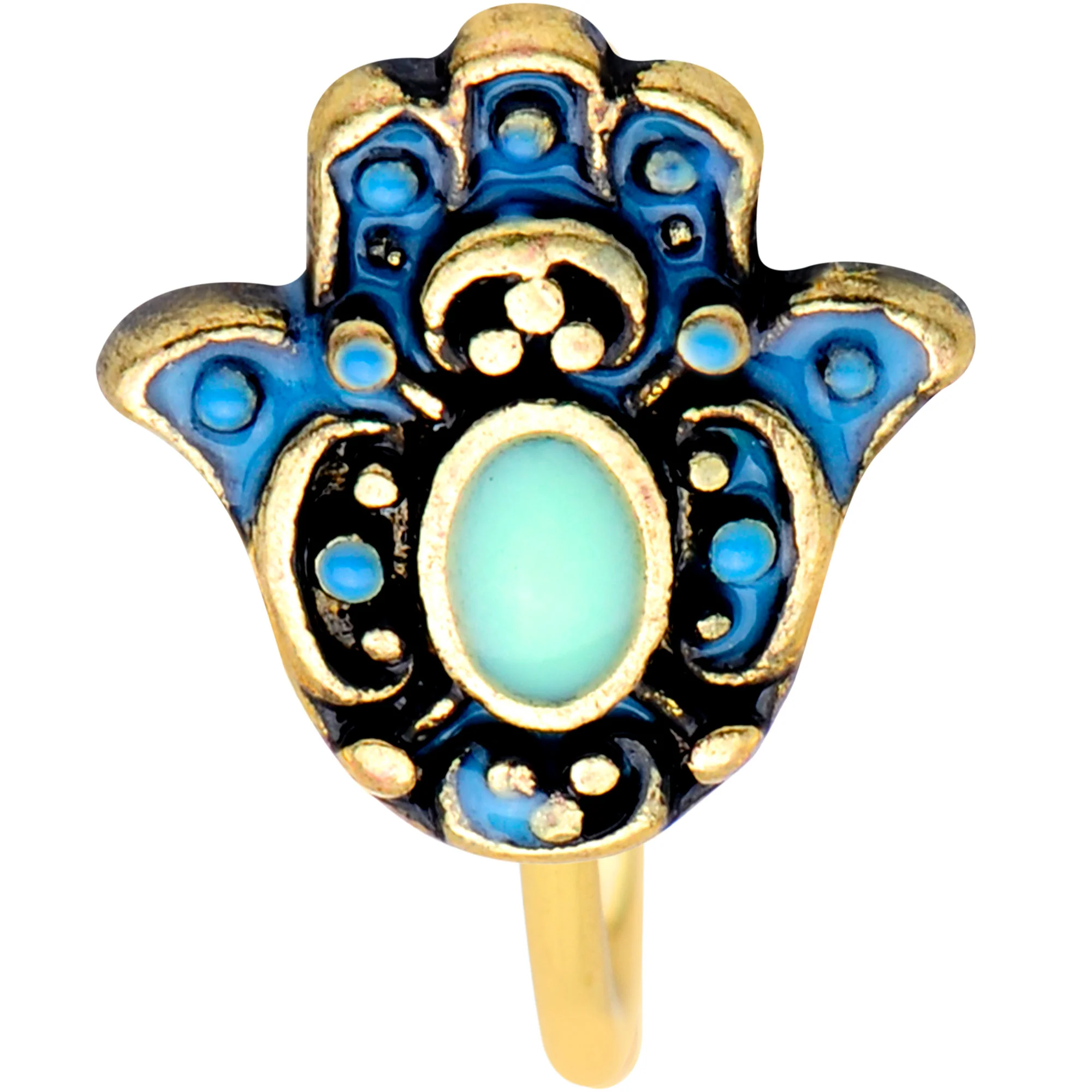 20G 5/16 Gold Tone Aqua Ornate Hamsa Hand Nose Hoop - Image 3