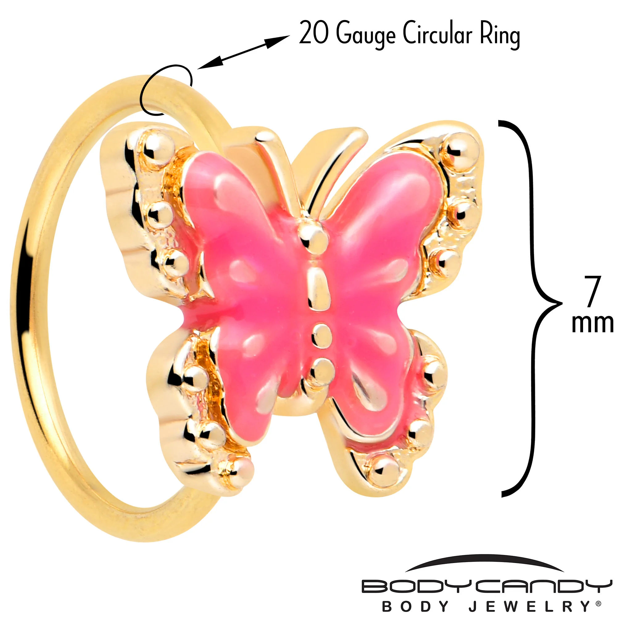 20G 5/16 Gold Tone Butterfly Pink Splash Nose Hoop - Image 2
