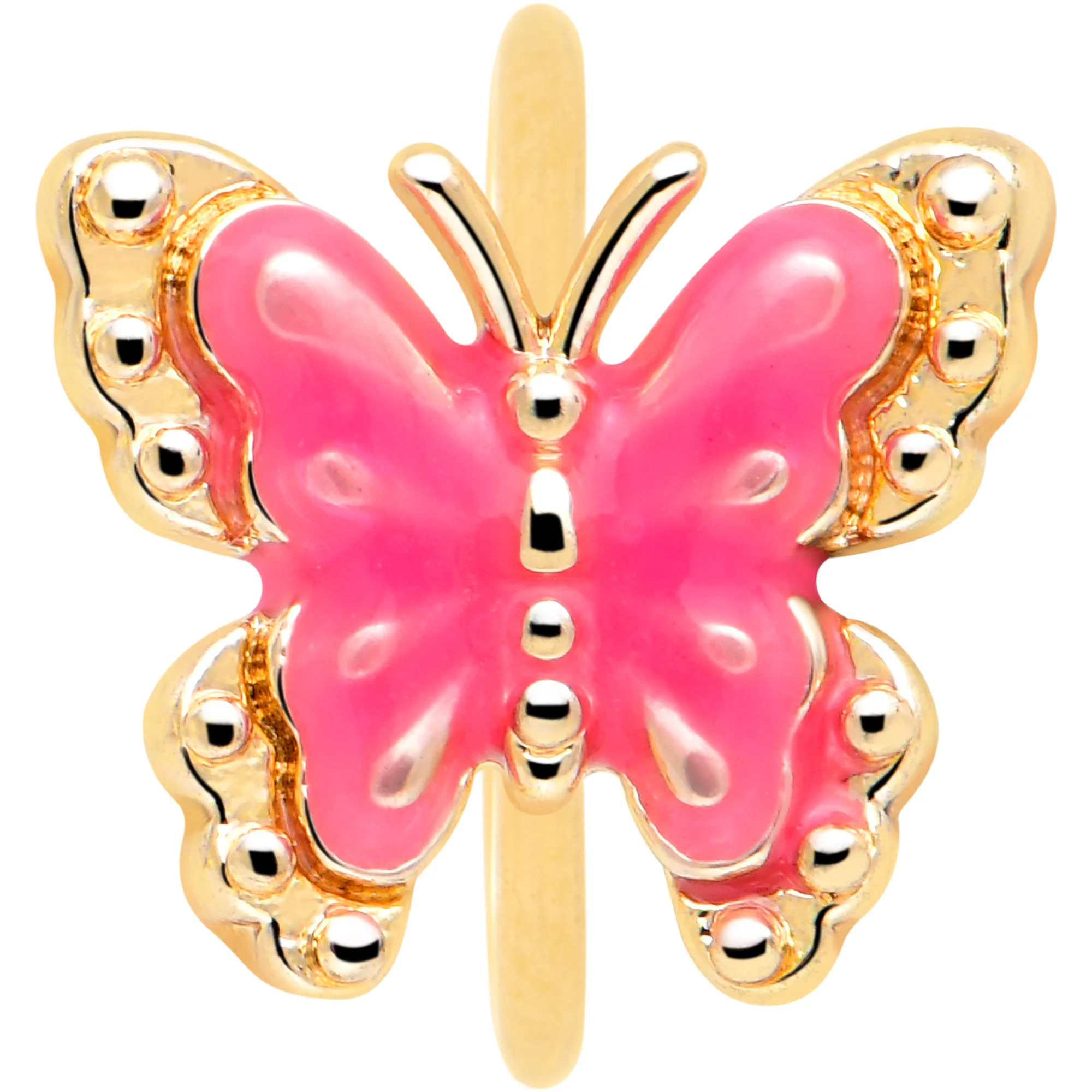 20G 5/16 Gold Tone Butterfly Pink Splash Nose Hoop - Image 3
