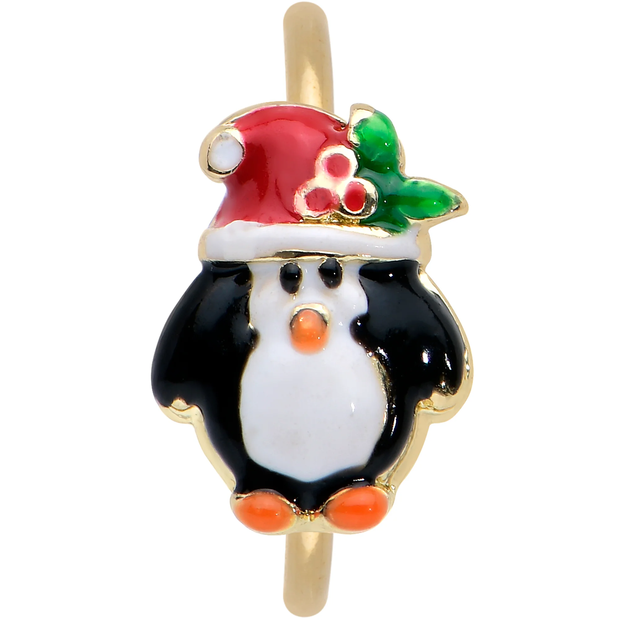 20G 5/16 Gold Tone Holly Hat Penguin Holiday Nose Hoop - Image 2