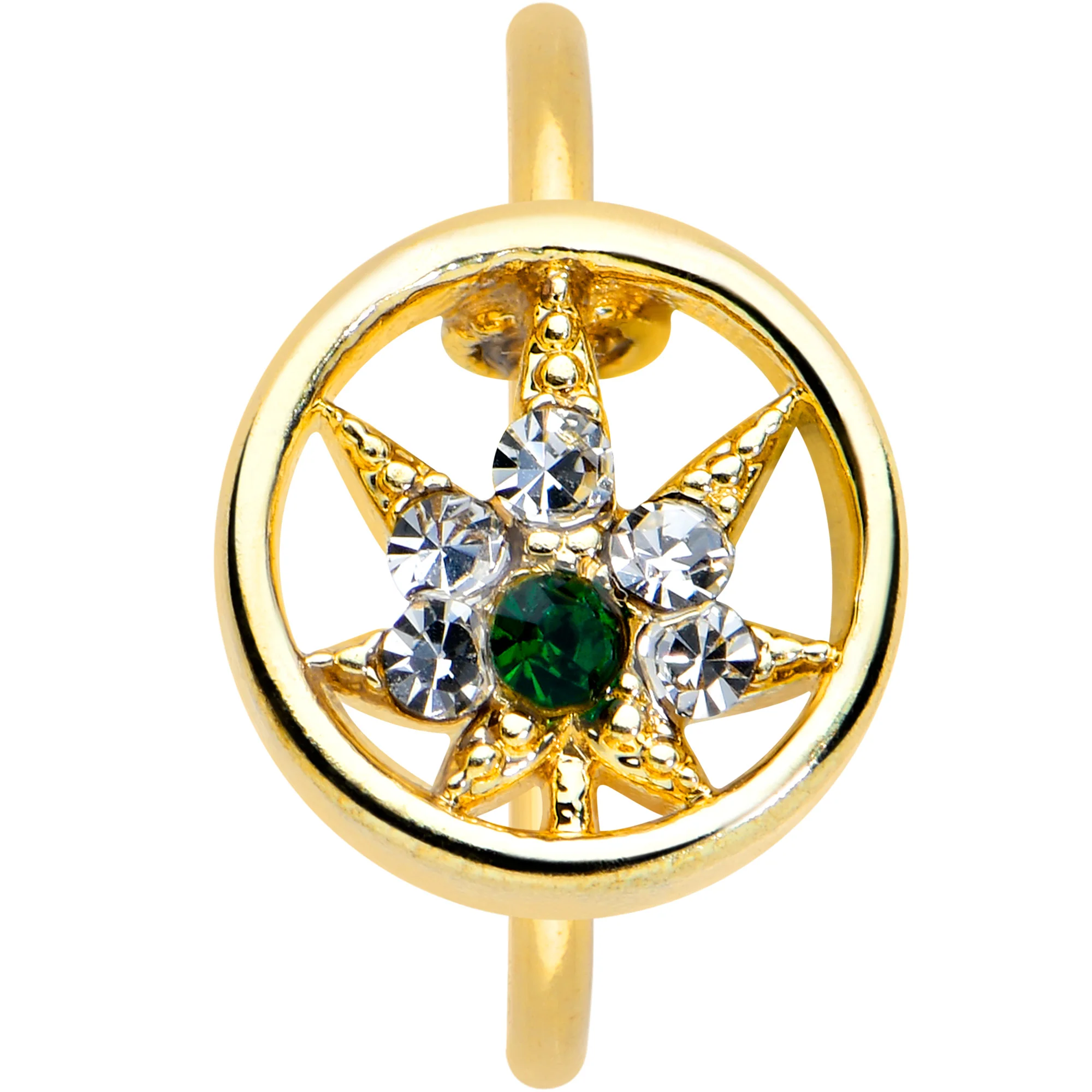 20G 5/16 Green Gem Gold Tone Pot Leaf Circle Nose Hoop - Image 2