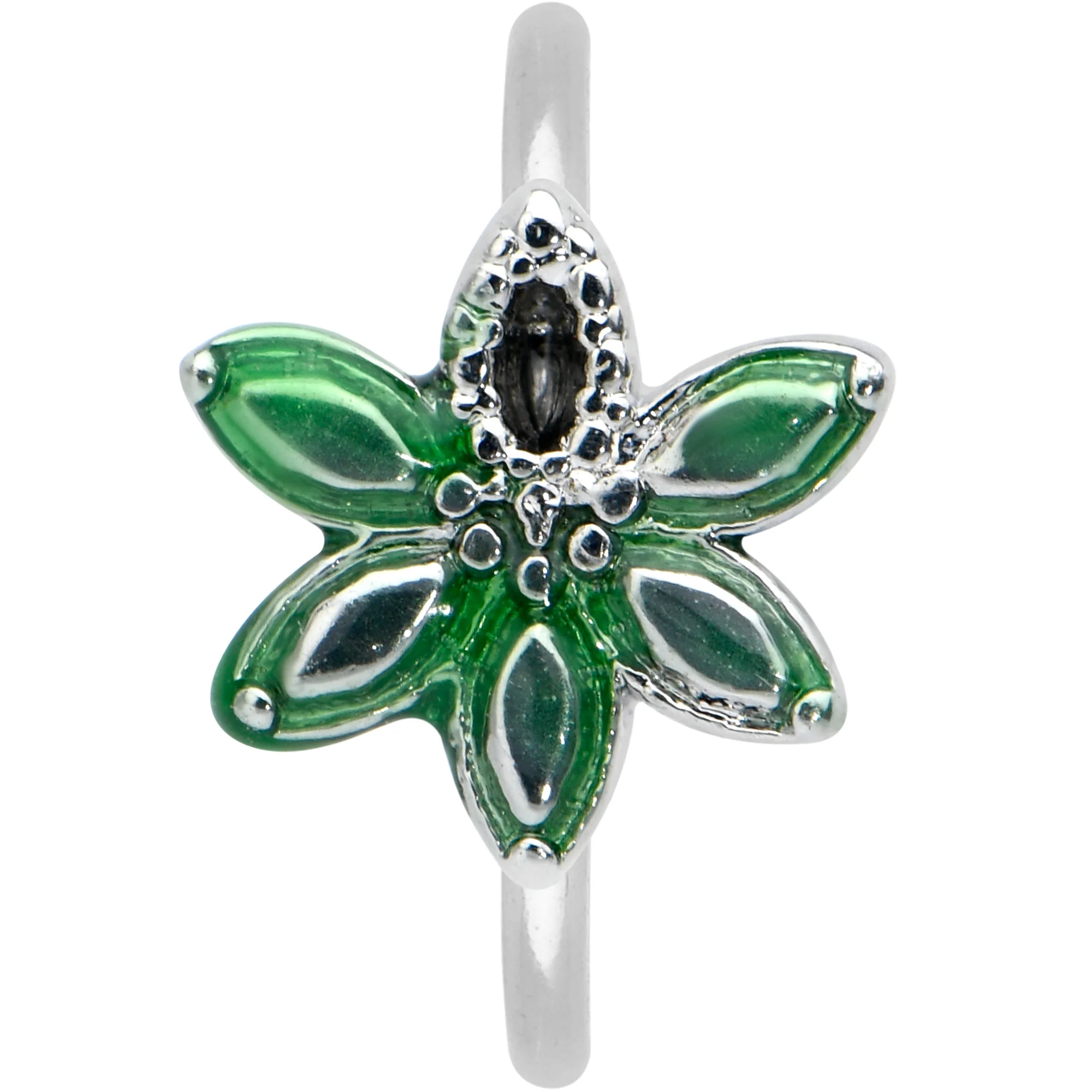 20G 5/16 Green Gem Textured Pot Leaf Nose Hoop - Image 2